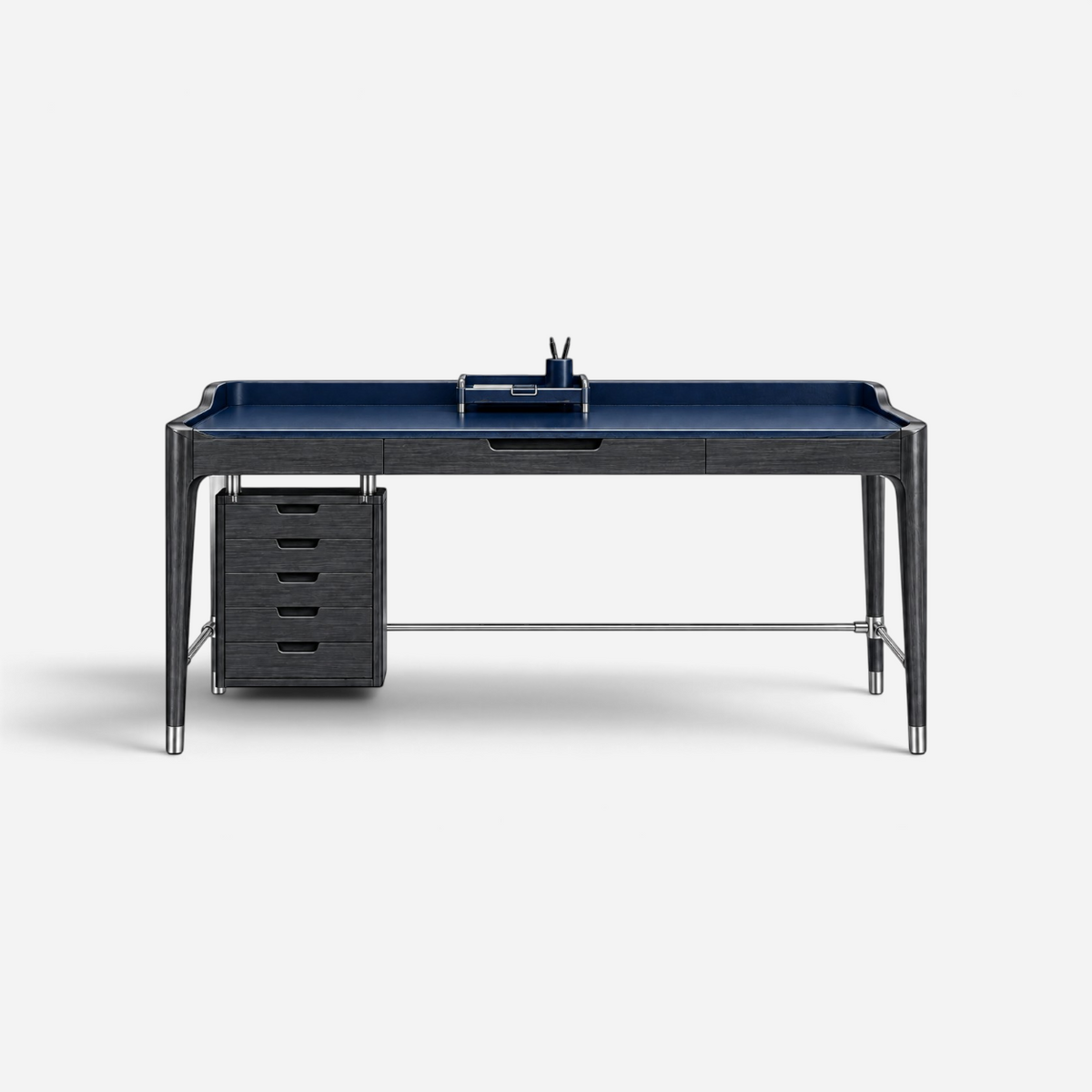Addo Shop ODAK DÜĞÜM executive desk with a dark wood frame, blue leather desktop, and integrated five-drawer unit.