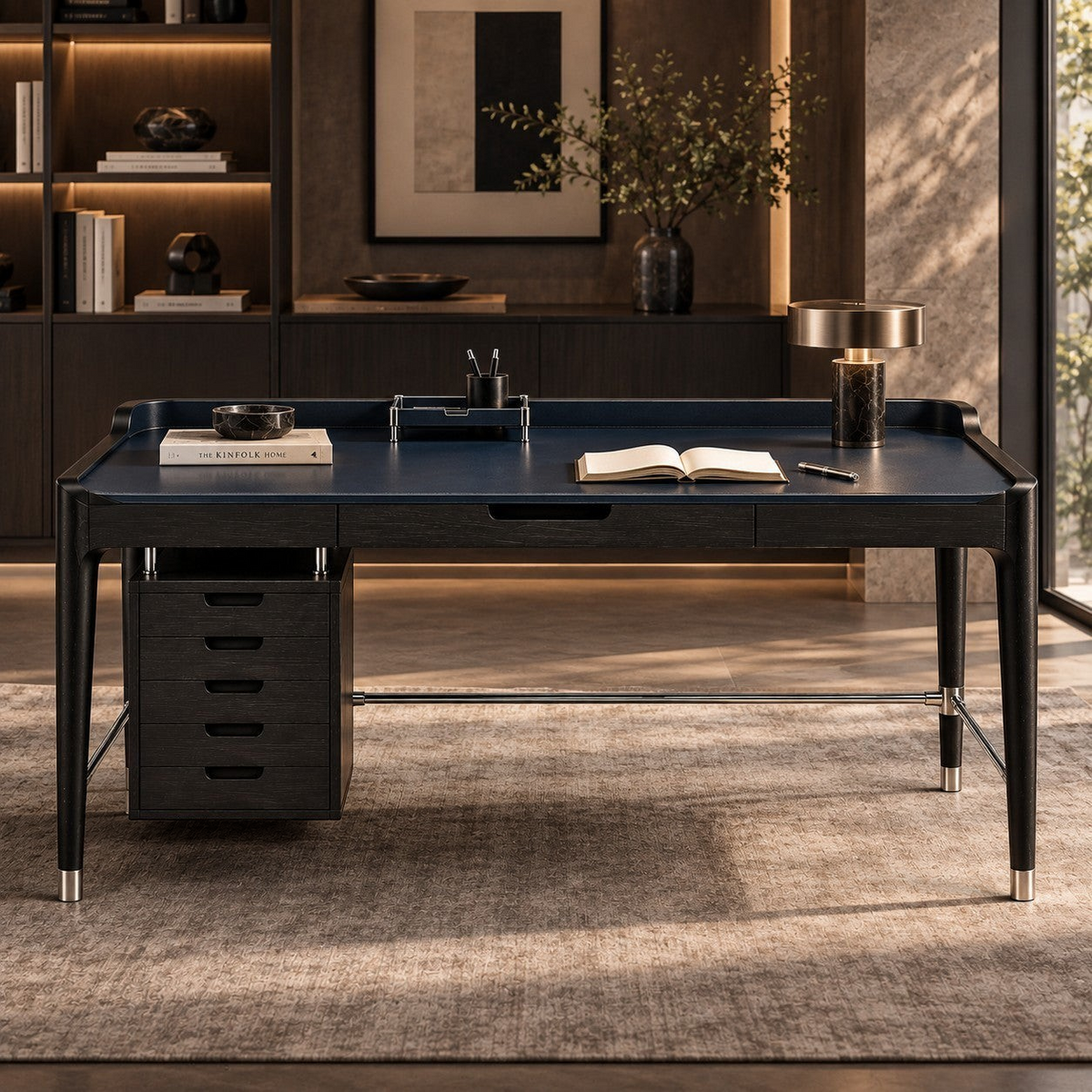 Addo Shop ODAK DÜĞÜM executive desk with a dark blue leather top, black wooden frame, and integrated drawer unit.