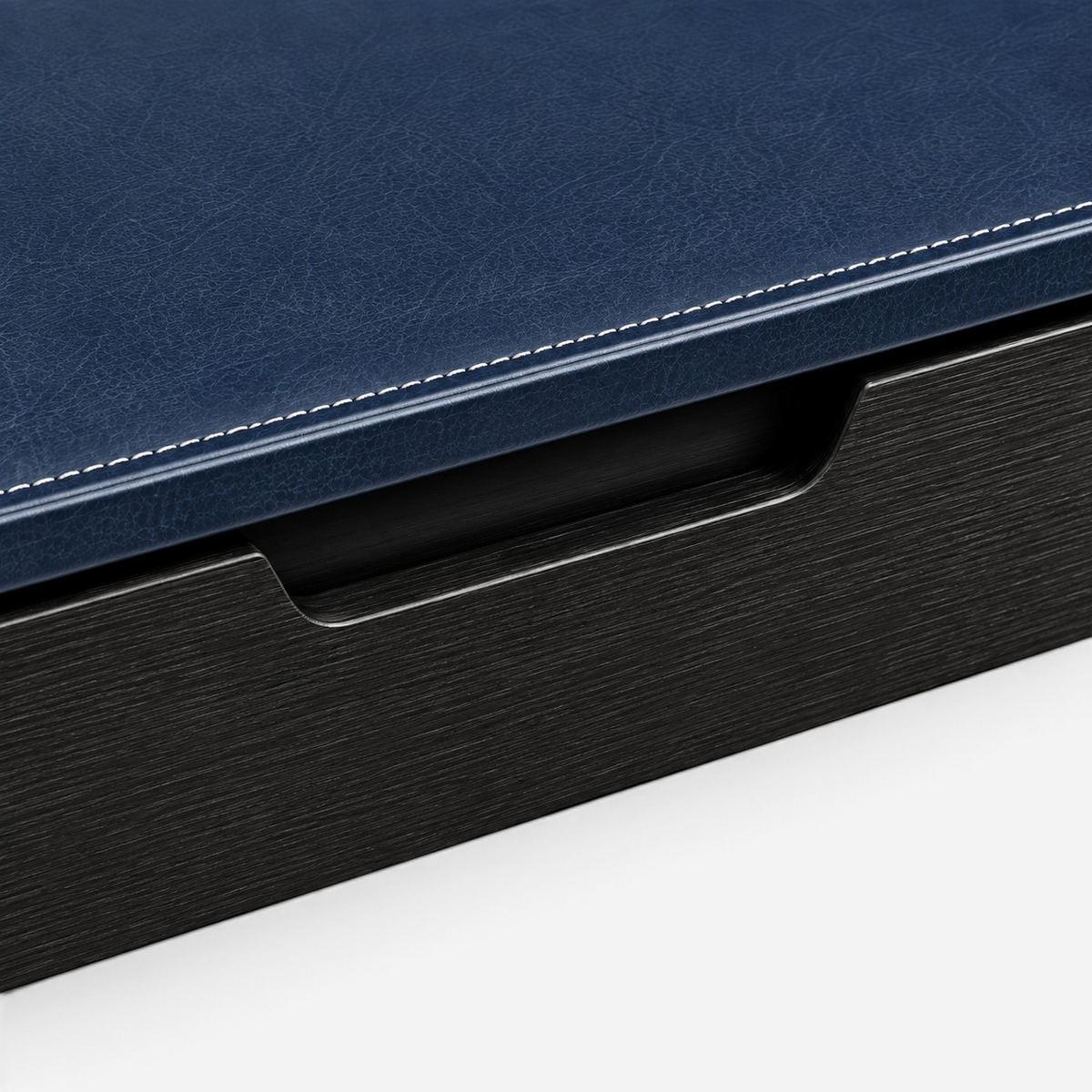 Addo Shop ODAK DÜĞÜM desk drawer featuring a navy blue leather top with white stitching and a black wood grain front.