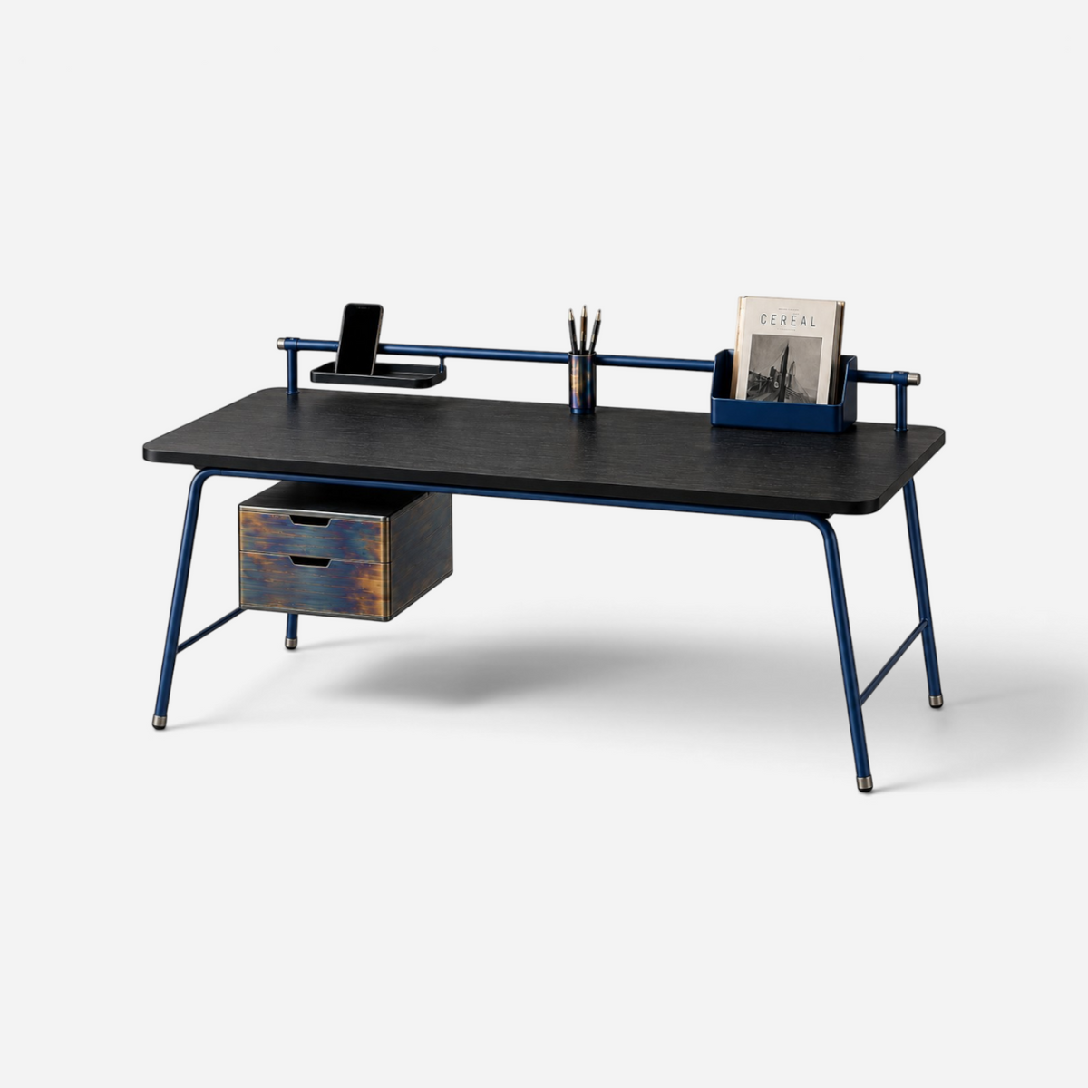 Addo Shop ODAK KURGU black wooden desk with blue metal frame, integrated storage drawers, and desktop organizers.