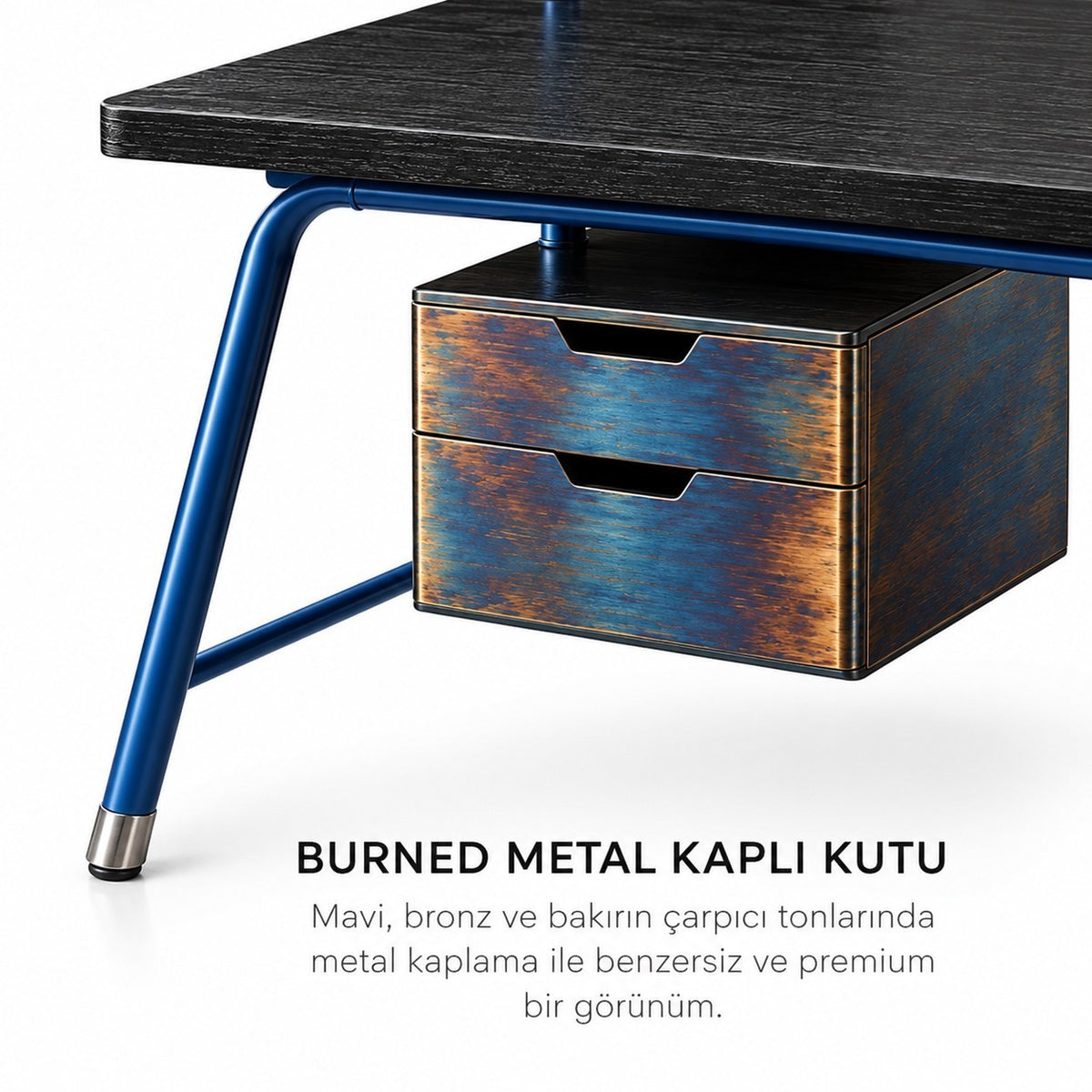 Addo Shop ODAK KURGU desk featuring a dark wood top, cobalt blue metal frame, and a unique burned-metal two-drawer unit.