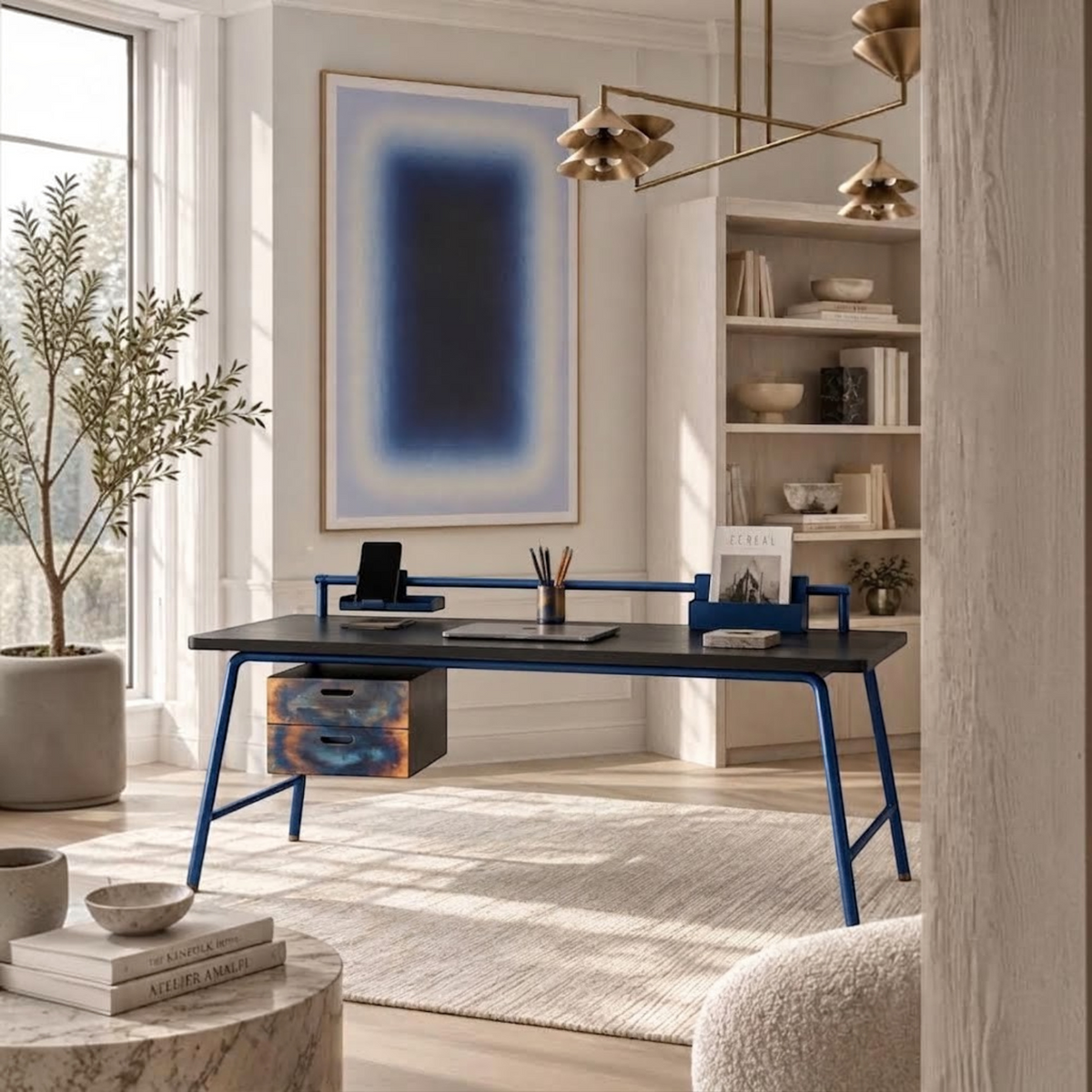Addo Shop ODAK KURGU desk with dark wood top, cobalt blue metal frame, and unique burned-metal two-drawer pedestal.