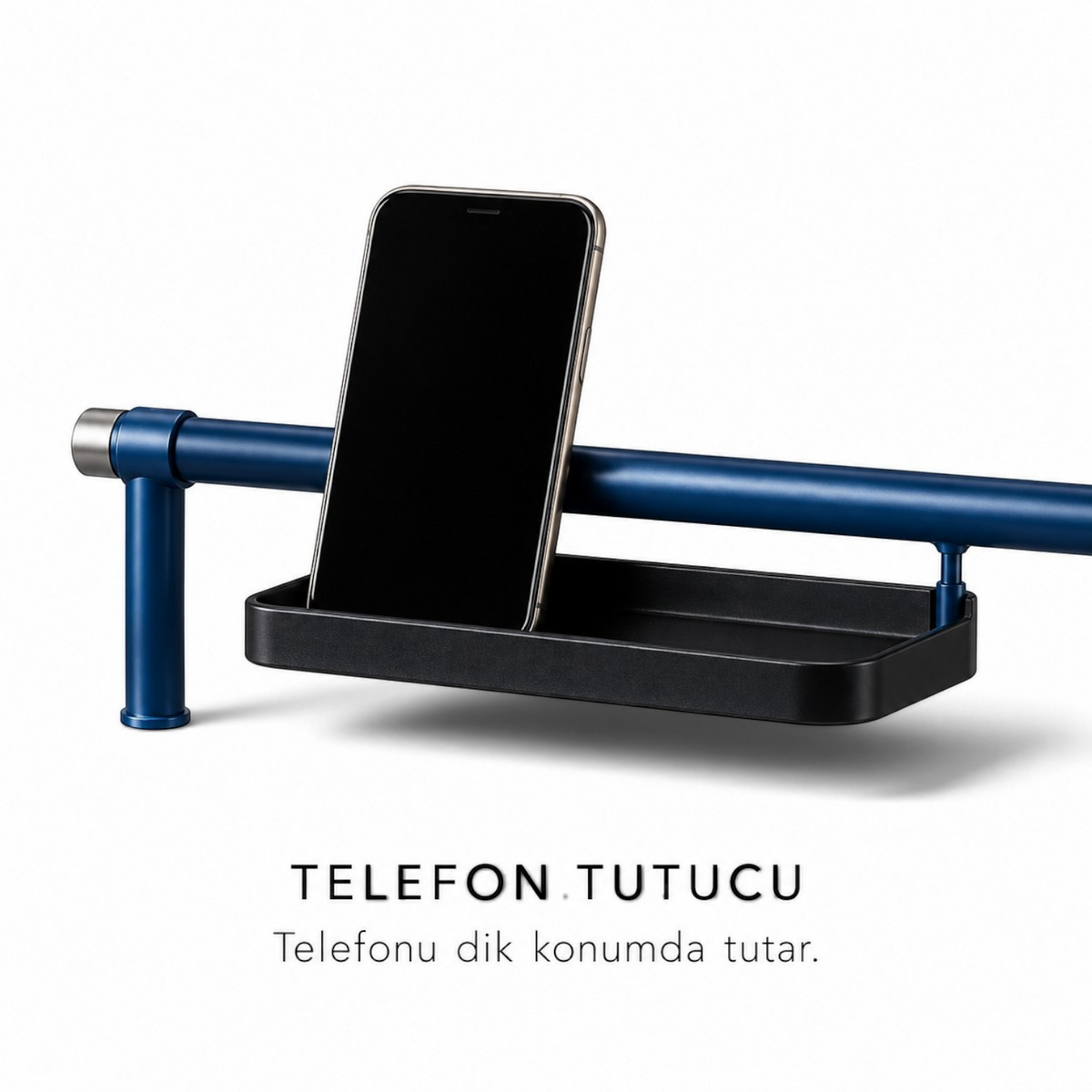 Addo Shop ODAK KURGU blue metal rail with a black tray holding a smartphone in an upright position