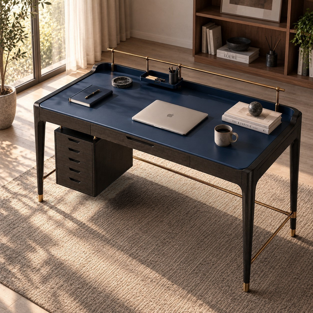 Addo Shop ODAK RAY desk in dark blue with black wood frame, gold accents, and integrated storage drawers.