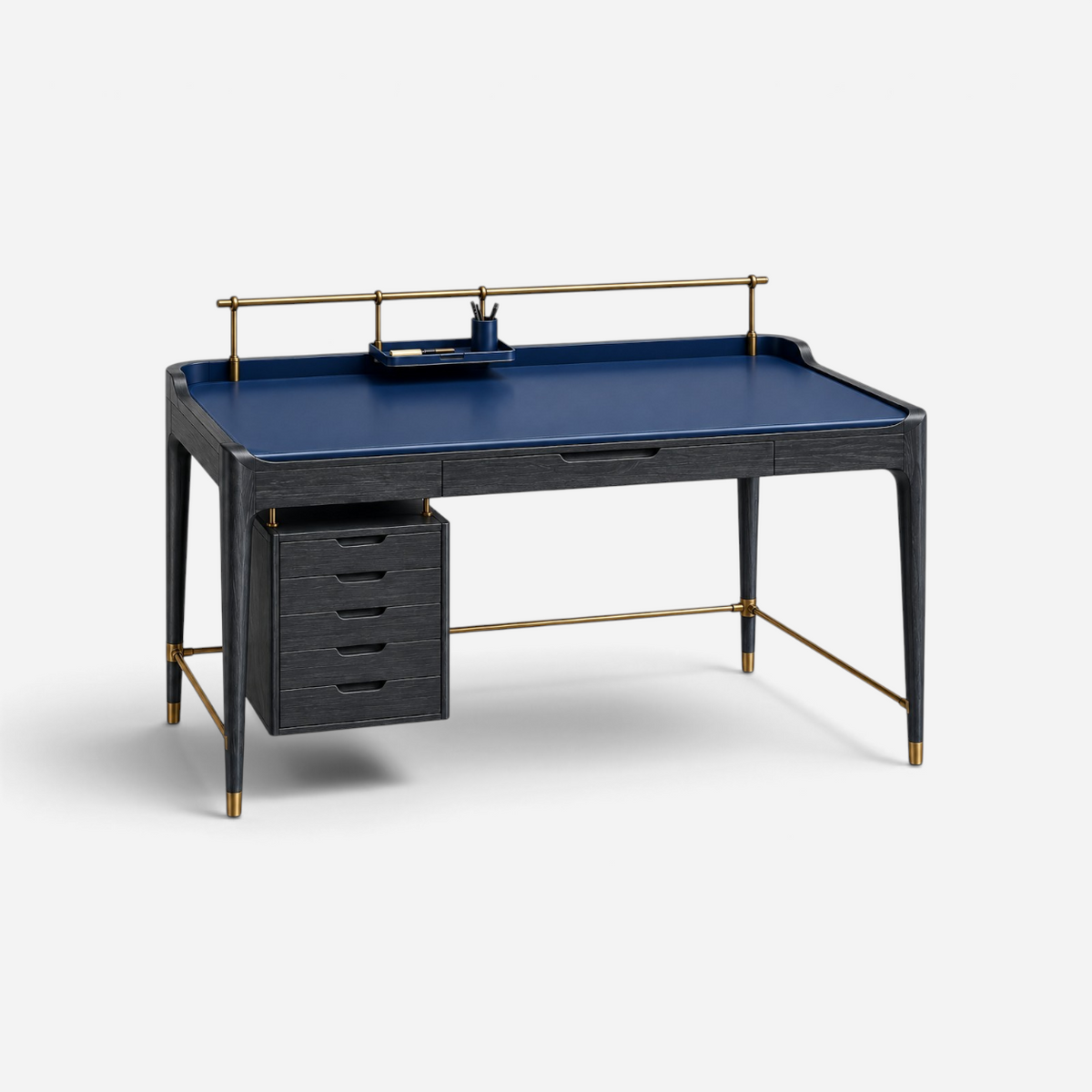 Addo Shop ODAK RAY desk with a navy blue soft surface, dark wood frame, brass accessory rail, and five hanging drawers.