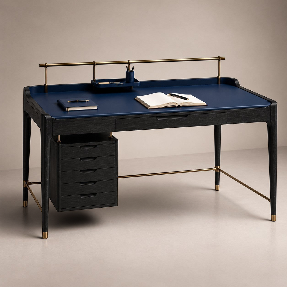 Addo Shop ODAK RAY desk with a navy blue leather top, black wooden frame, brass accents, and a four-drawer unit.