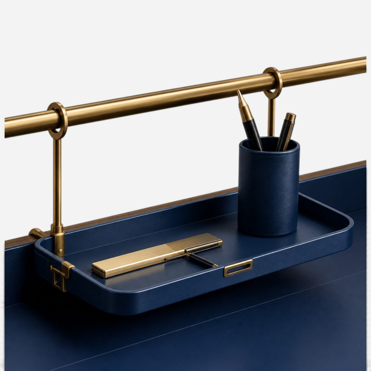 Addo Shop ODAK RAY navy blue leather desk organizer tray with gold metal accents and matching pen holder