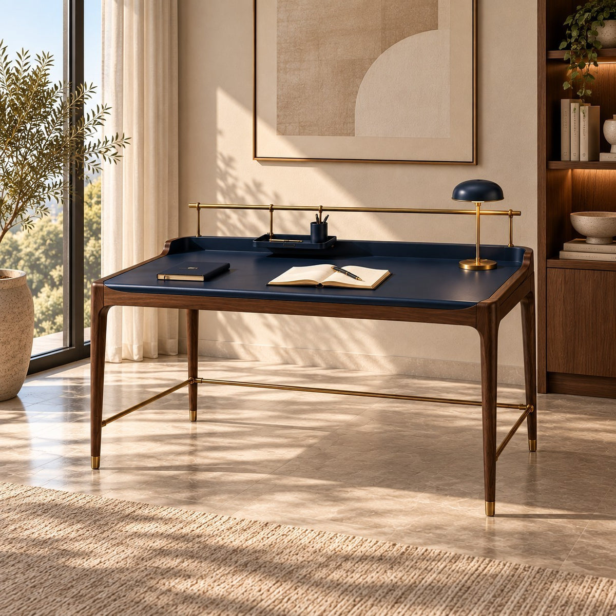 Addo Shop ODAK RAY desk with a dark blue leather top, walnut wood frame, and elegant brass metal accents.