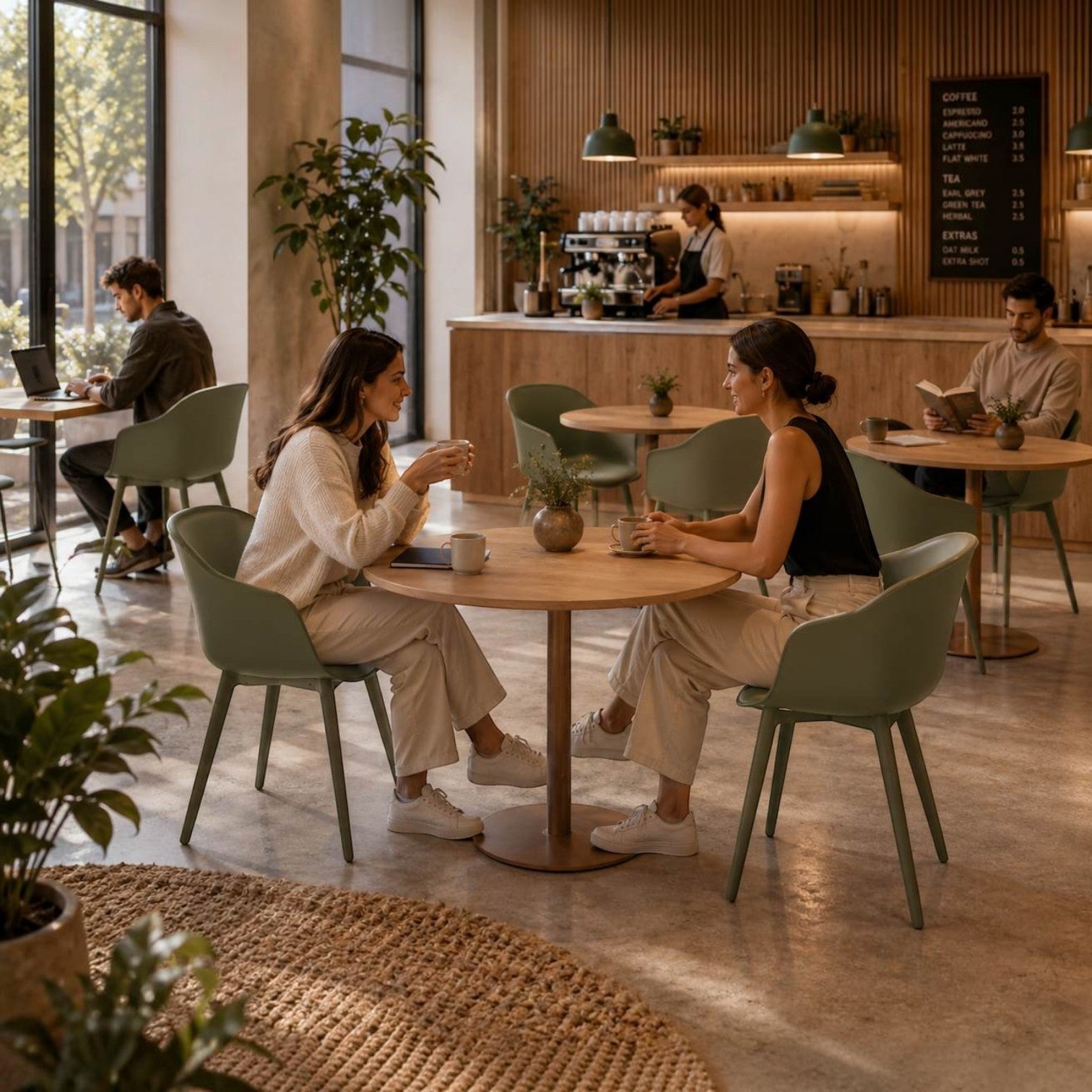 Addo Shop Payal Cafeteria Chair in sage green with ergonomic shell and metal legs in a modern café setting