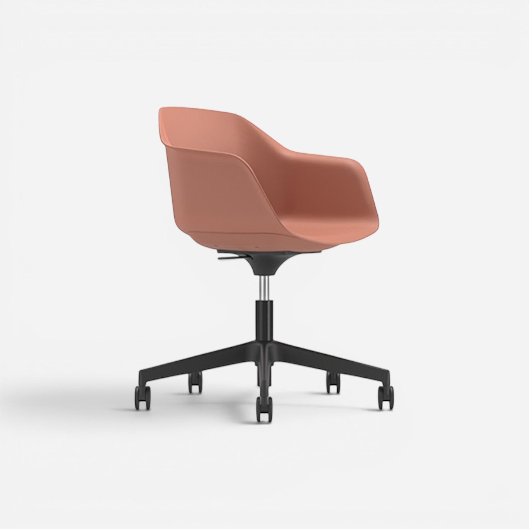 Addo Shop Payal office chair with plastic seat and back, on black wheels, in a terracotta color.