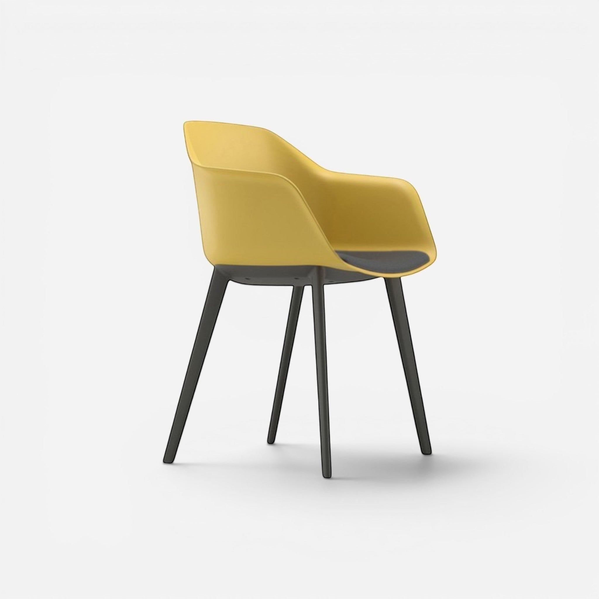 Addo Shop Payal yellow plastic armchair with dark grey seat and four dark grey legs, modern cafe chair.