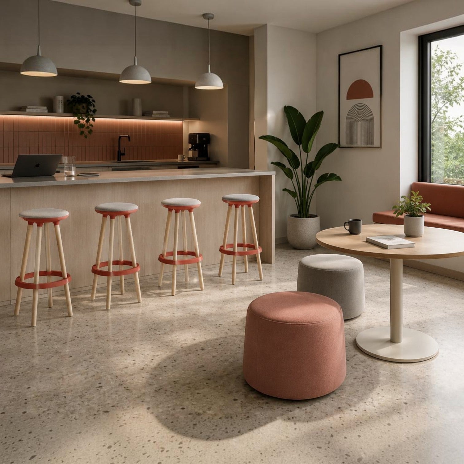 Addo Shop Pin bar stools with light grey upholstered seats and coral wood legs in a modern kitchen island setting.