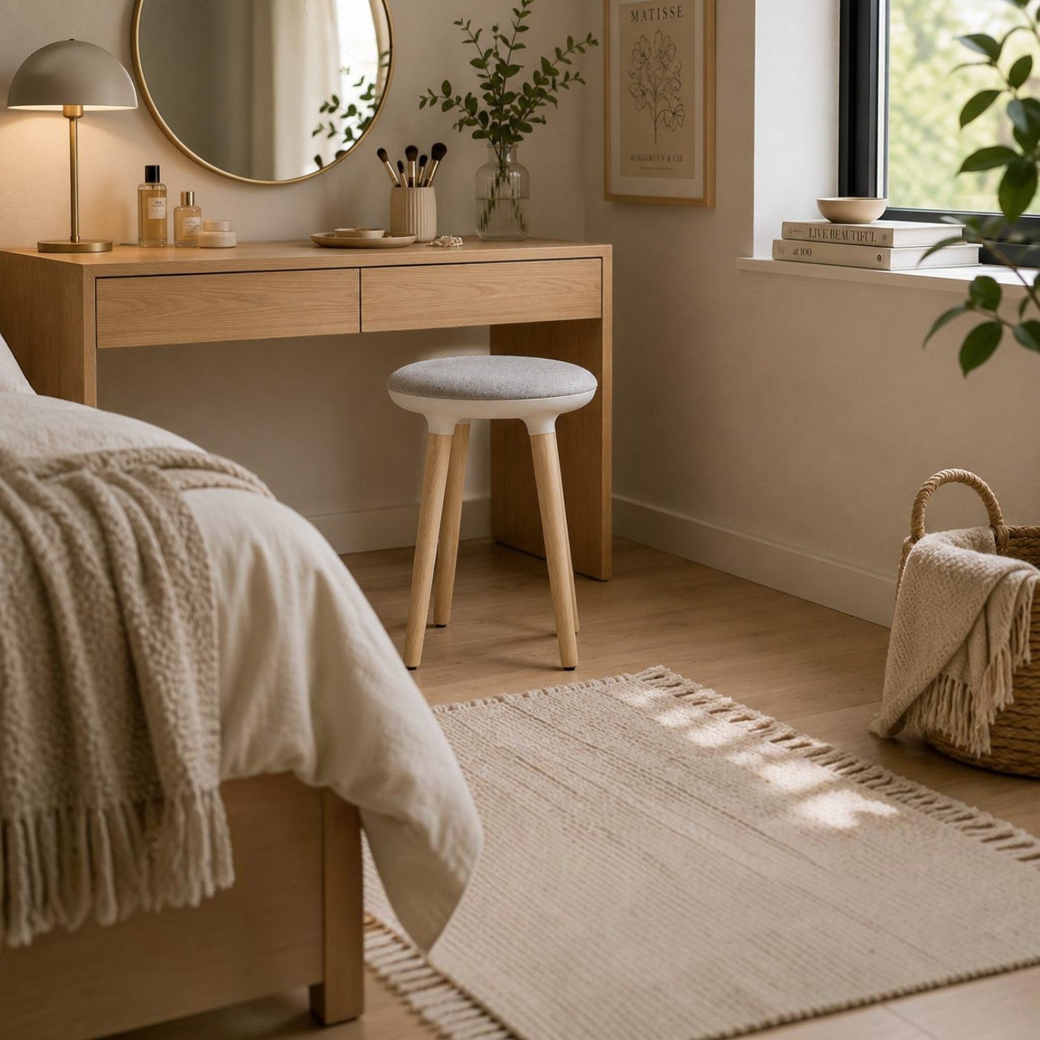 Addo Shop Pin Stool with a grey upholstered seat and light wood legs in a minimalist bedroom vanity setting.