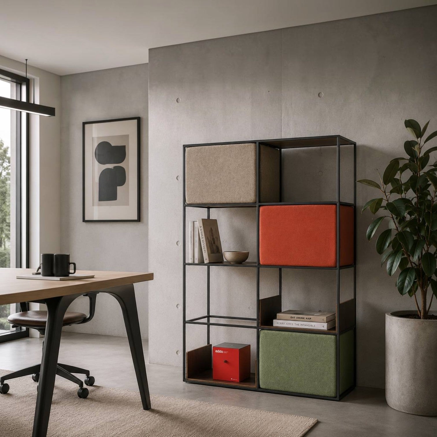Addo Shop Piuma wide modular storage unit with black steel frame, wooden shelves, and colorful acoustic fabric boxes.