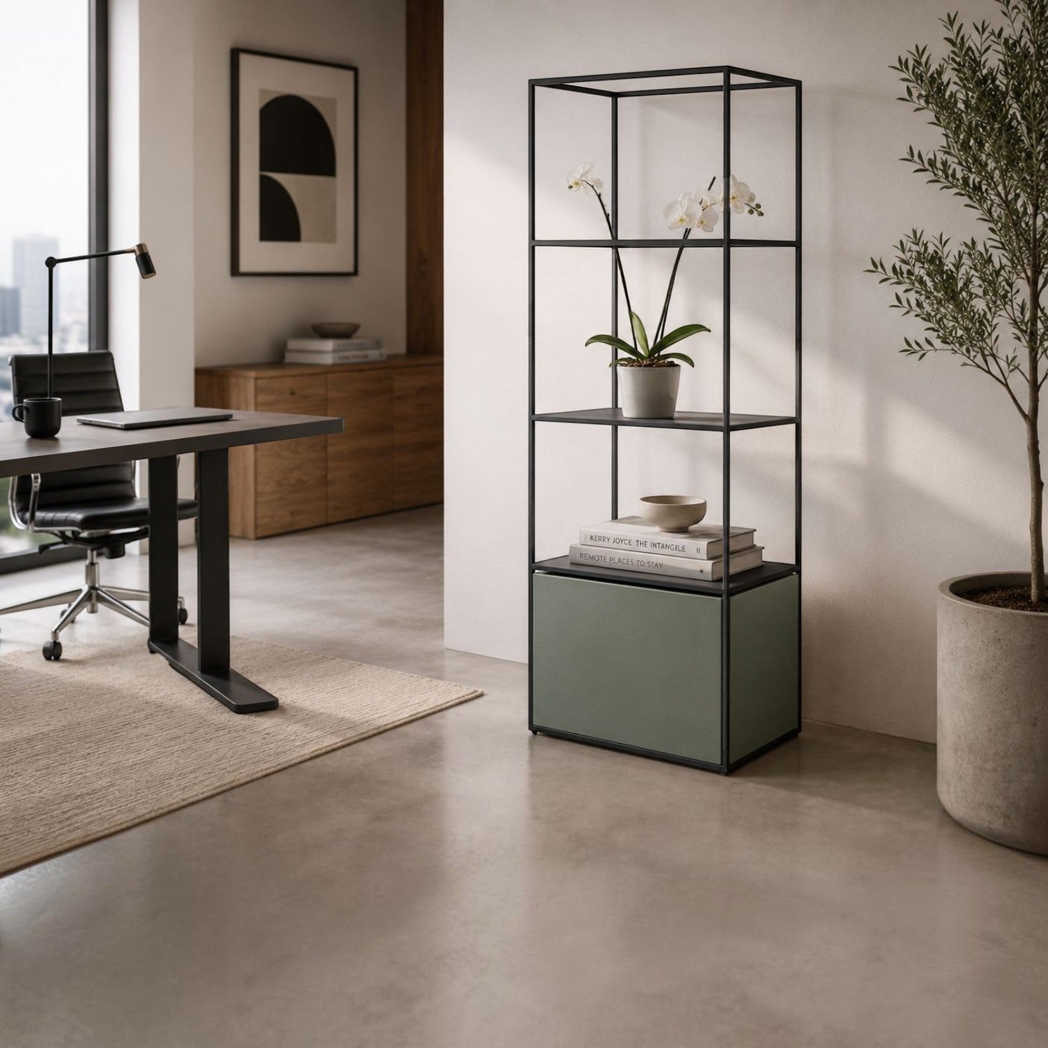 Addo Shop Piuma single module storage unit with black steel frame, wooden shelves, and green acoustic cabinet.