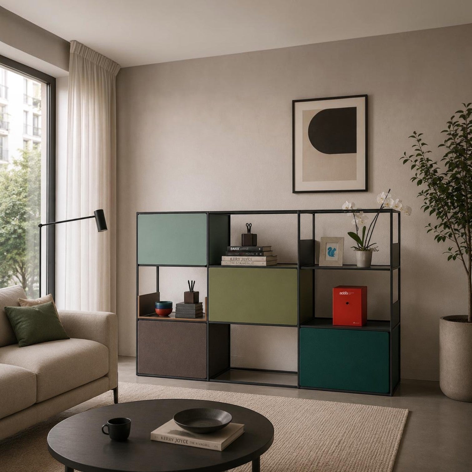 Addo Shop Piuma triple modular storage unit with steel frame, wooden shelves, and colorful acoustic storage boxes.
