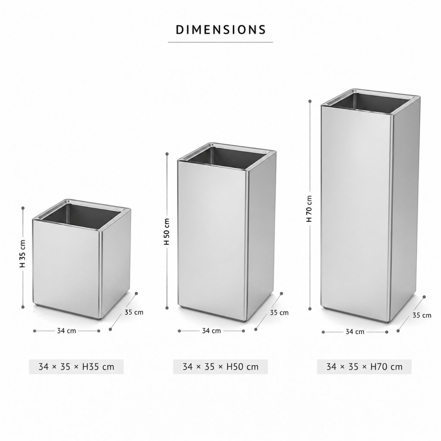 Addo Shop Caimi PRISMA silver metal square indoor planters in three different heights for office and home decor.
