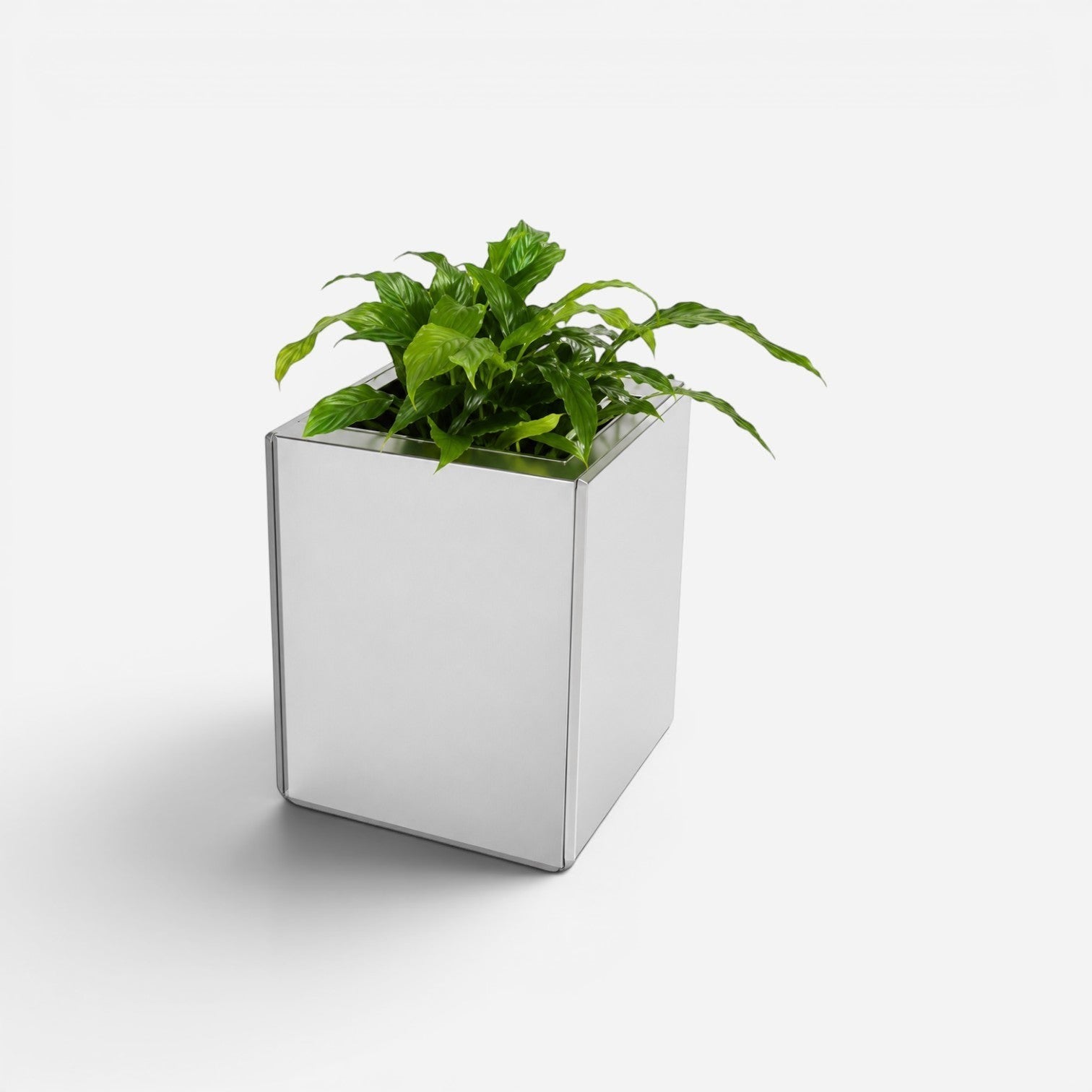Addo Shop PRISMA outdoor planter featuring a modern square mirrored finish with a lush green plant inside.