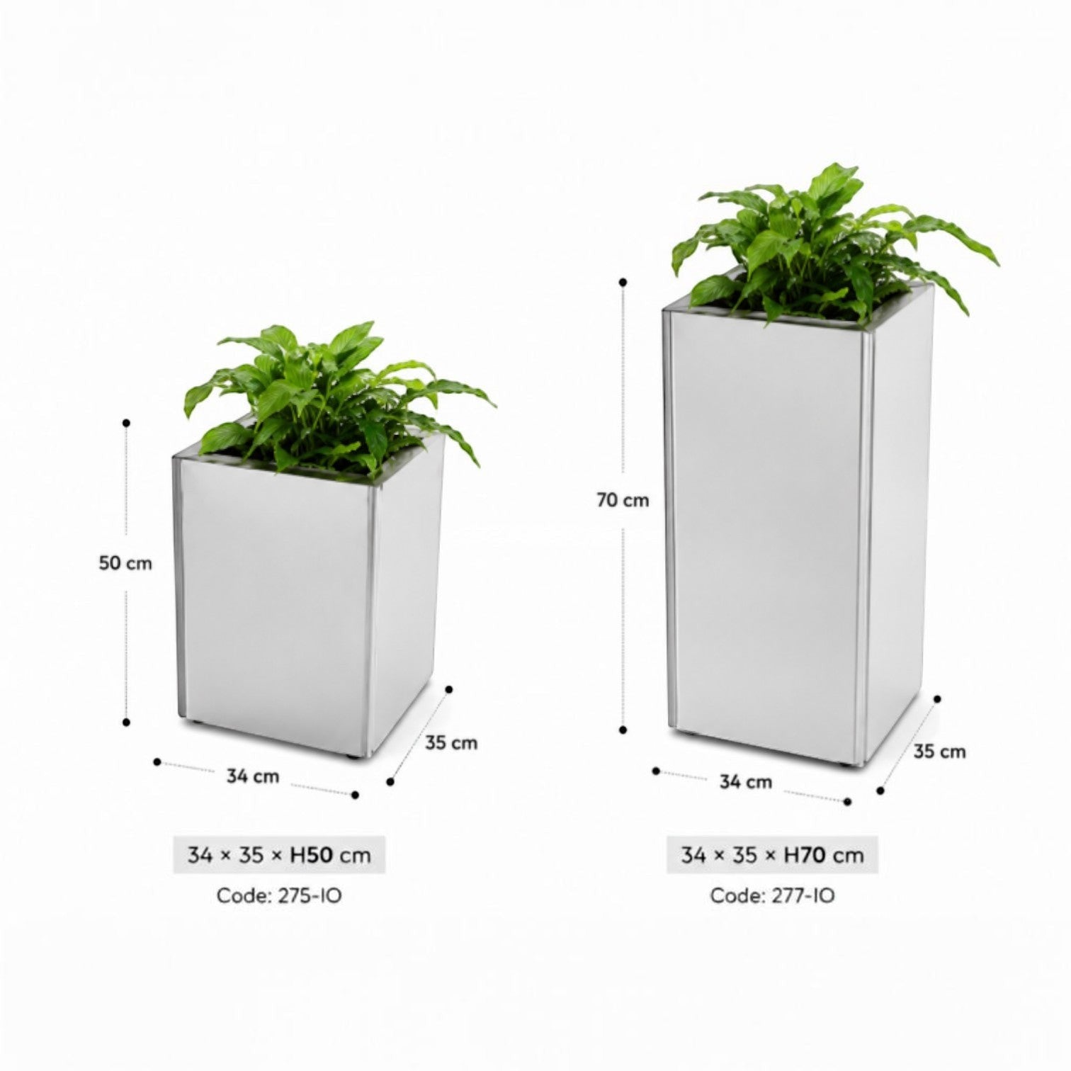 Addo Shop PRISMA outdoor planter in silver metal with square design, available in 50cm and 70cm heights.