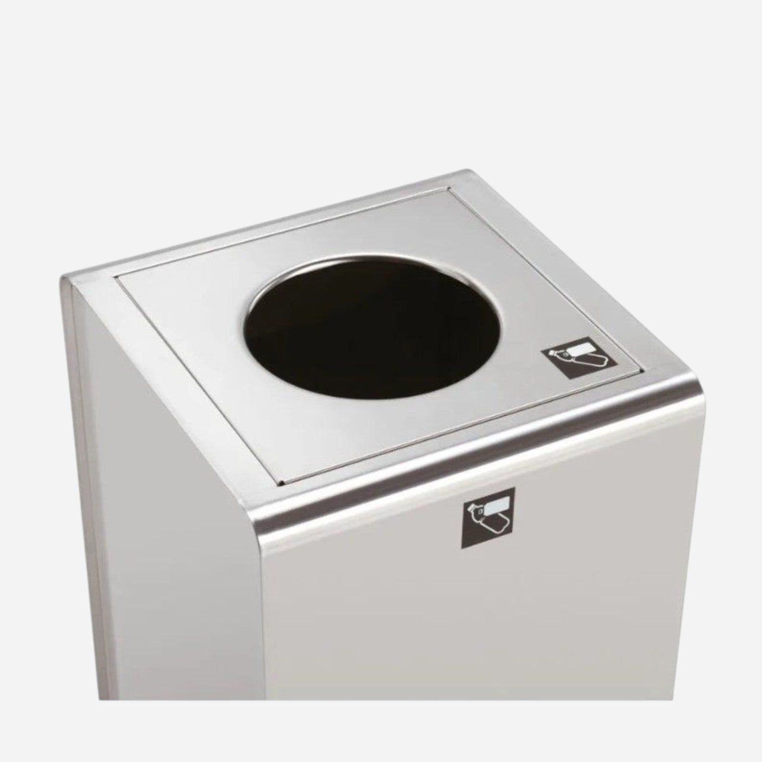 Addo Shop Caimi Prisma stainless steel square recycling bin with circular opening and bottle icon for public spaces