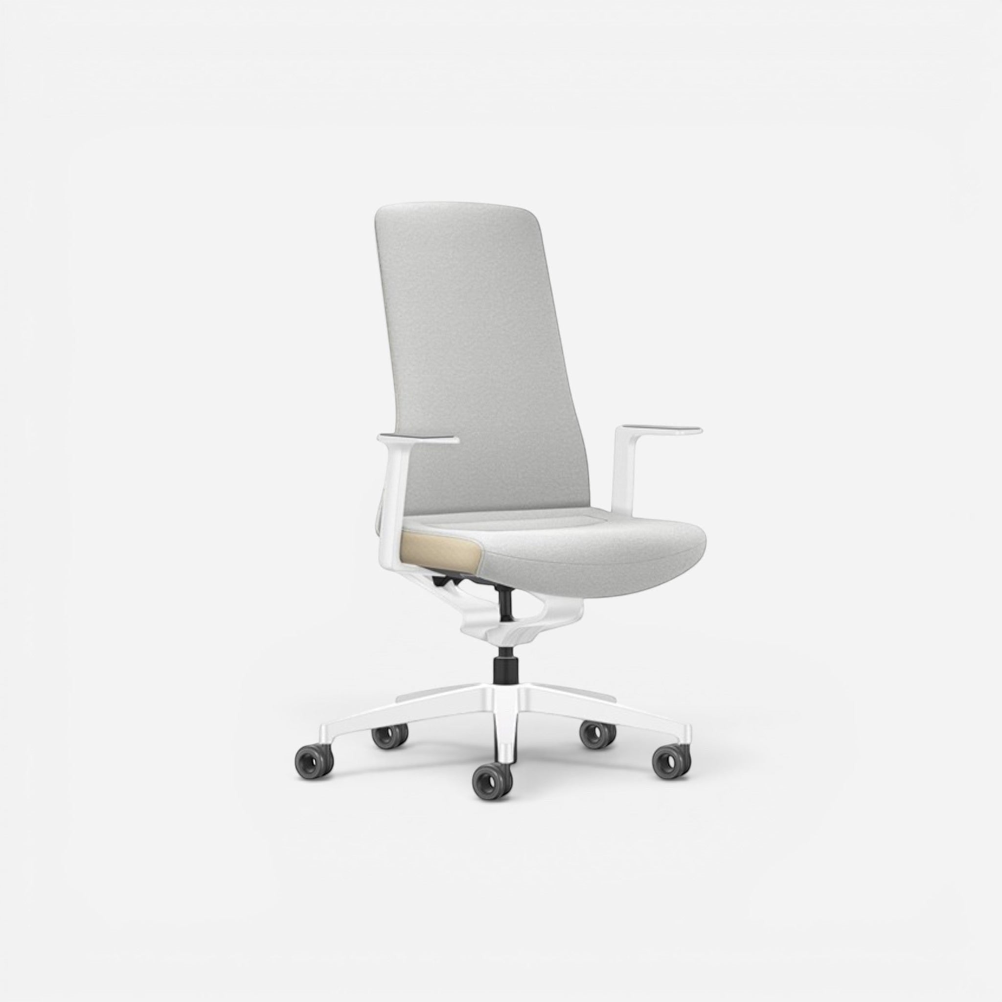 Addo Shop Pure ergonomic office chair with light grey fabric upholstery, white base, and 4D armrests.