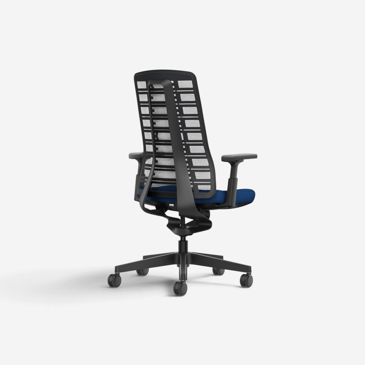 Addo Shop Pure ergonomic office chair with black FlexGrid backrest and blue upholstered seat, rear view