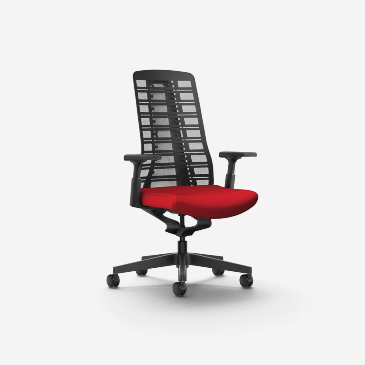 Addo Shop Pure ergonomic office chair with black FlexGrid backrest, red fabric seat, and adjustable armrests.