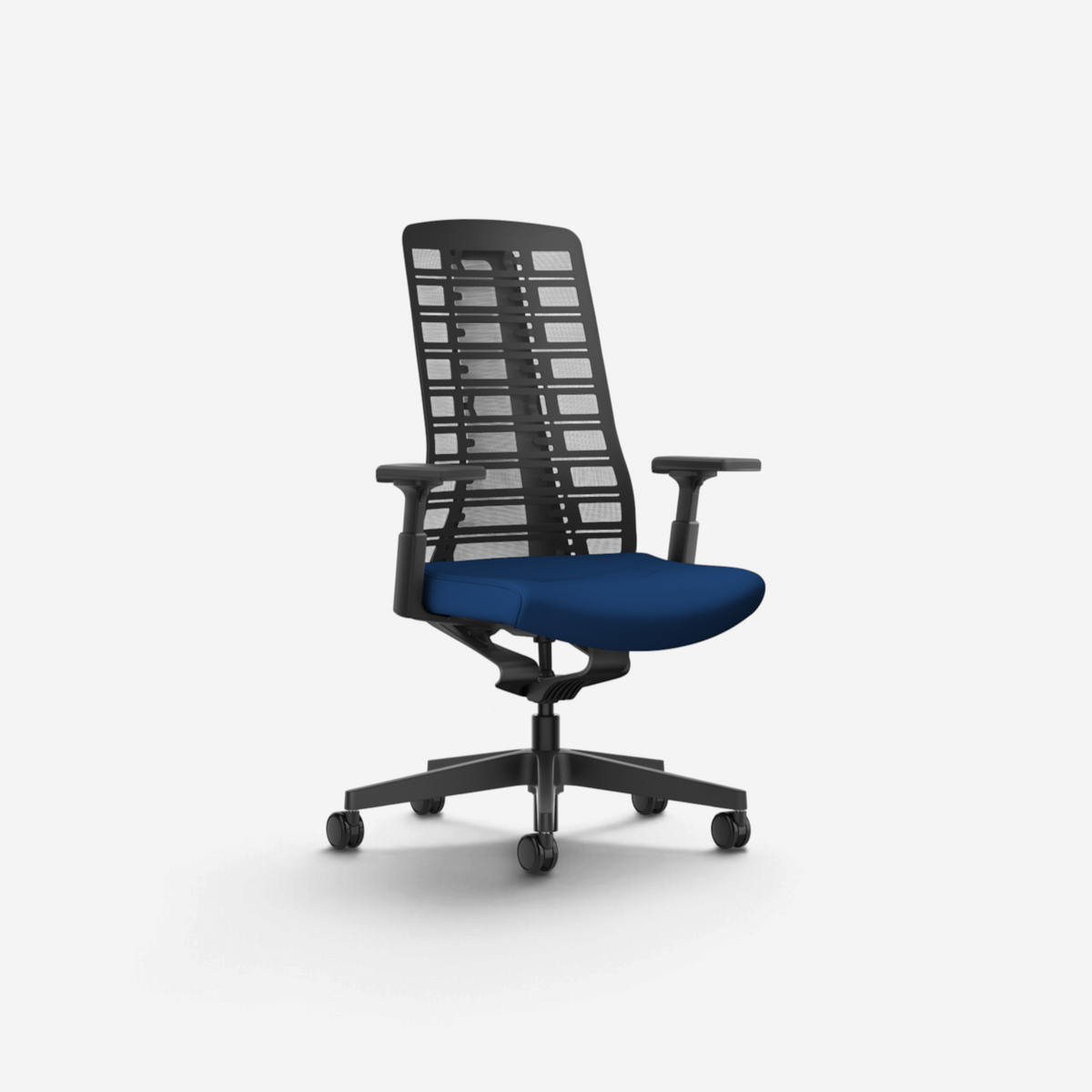 Addo Shop Pure ergonomic office chair with black FlexGrid backrest, blue fabric seat, and adjustable armrests.