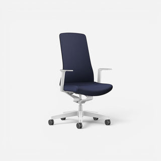 Addo Shop Pure office chair with navy blue upholstery, white PP base, and 4D armrests. Features a synchronized mechanism.
