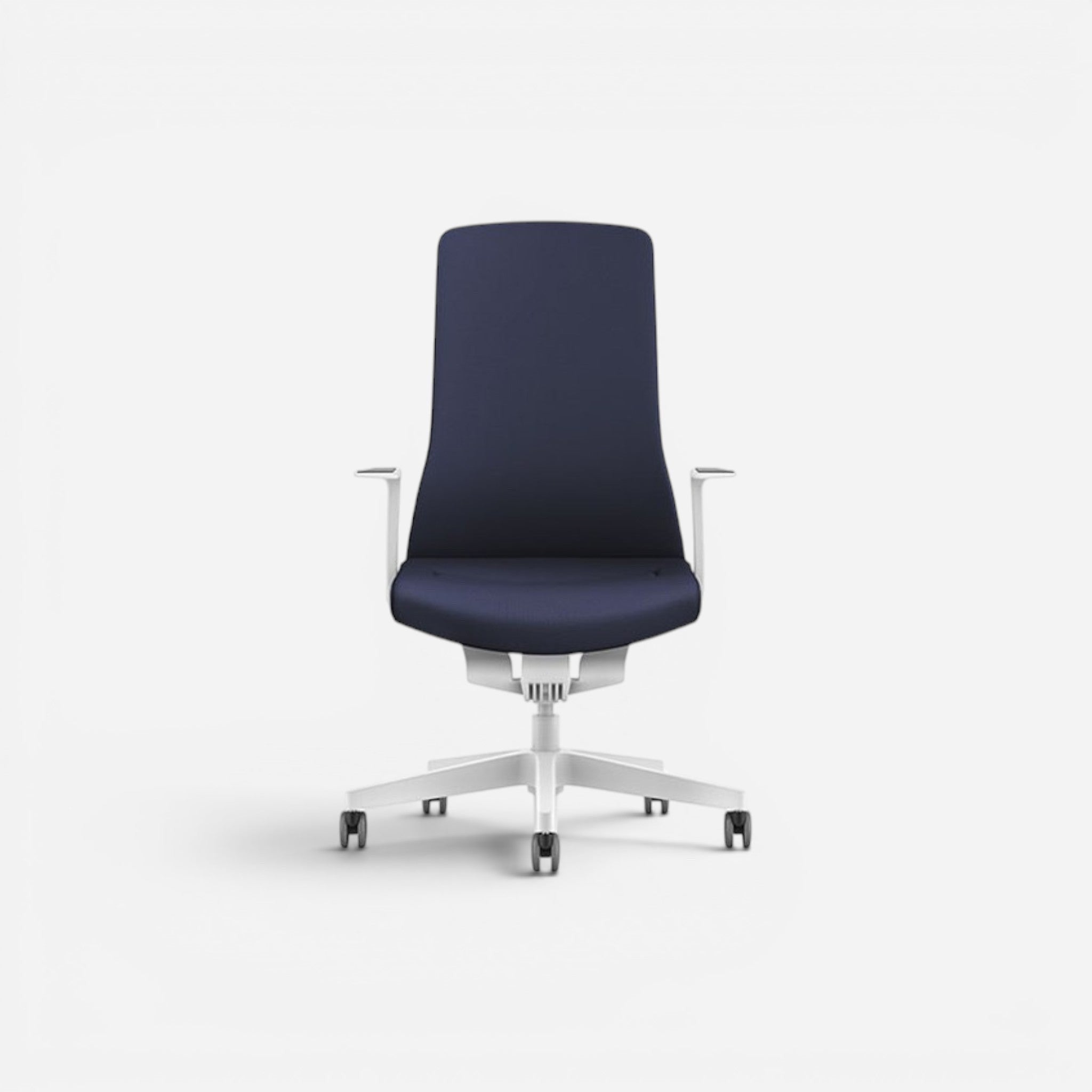 Addo Shop Pure office chair with dark blue upholstery, white PP base, and 4D armrests.