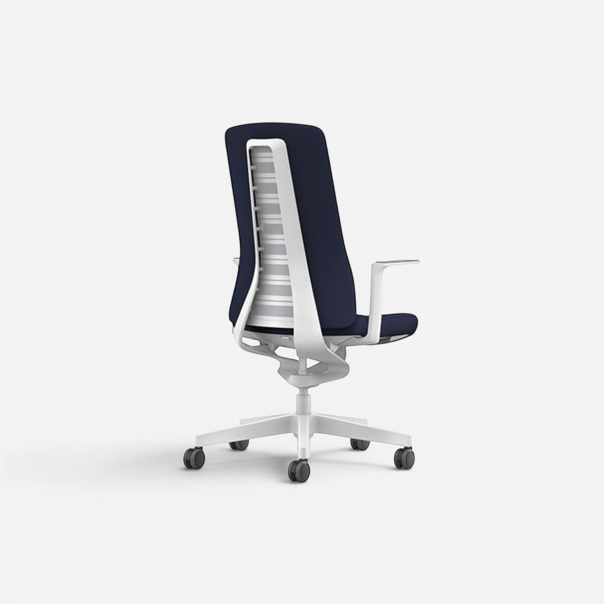 Addo Shop Pure office chair with navy blue upholstery, white frame, and 4D armrests. Features a synchronized mechanism.