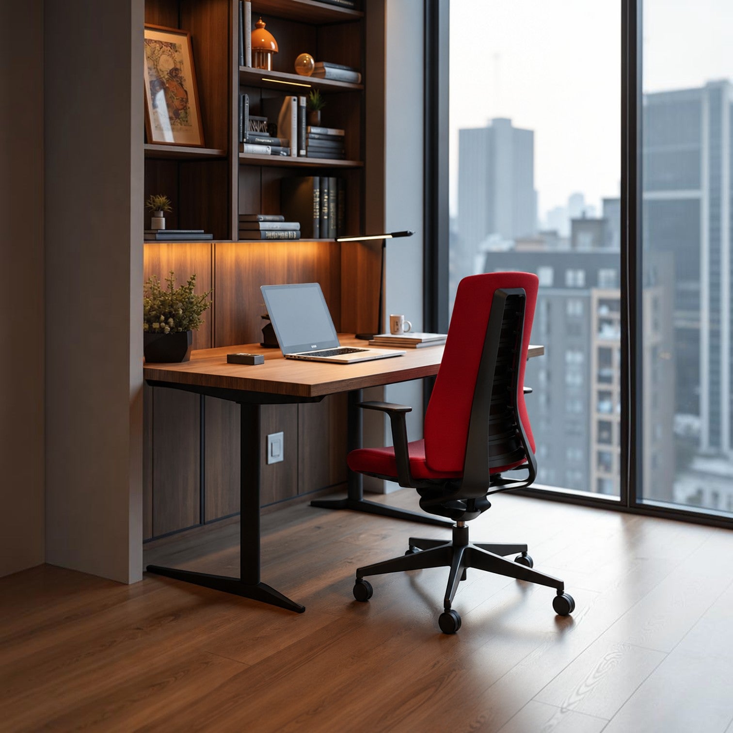 Addo Shop Pure ergonomic office chair with red upholstery and black frame in a modern home office workspace.