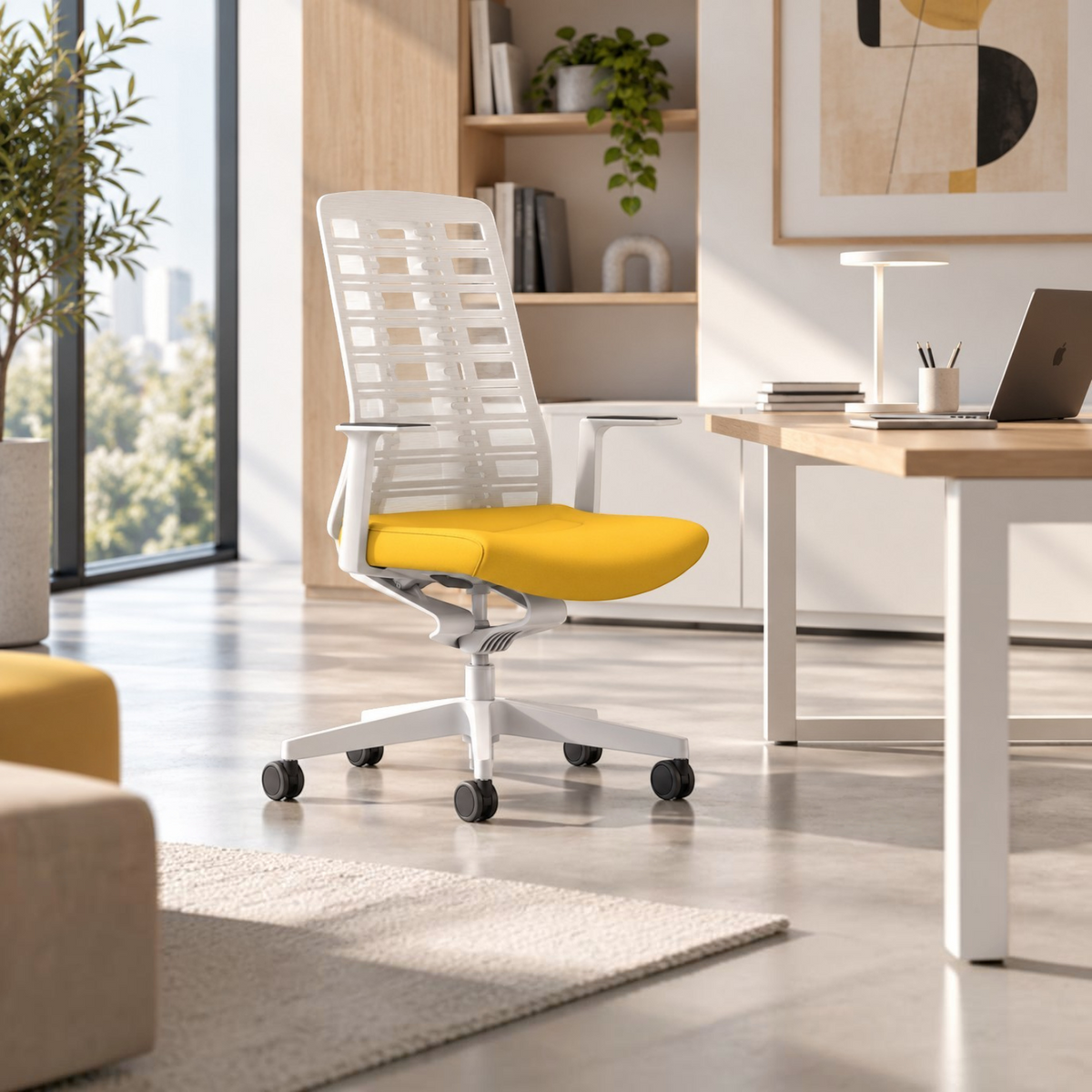 Addo Shop Pure office chair with white FlexGrid backrest, yellow cushioned seat, and white frame in a modern office.