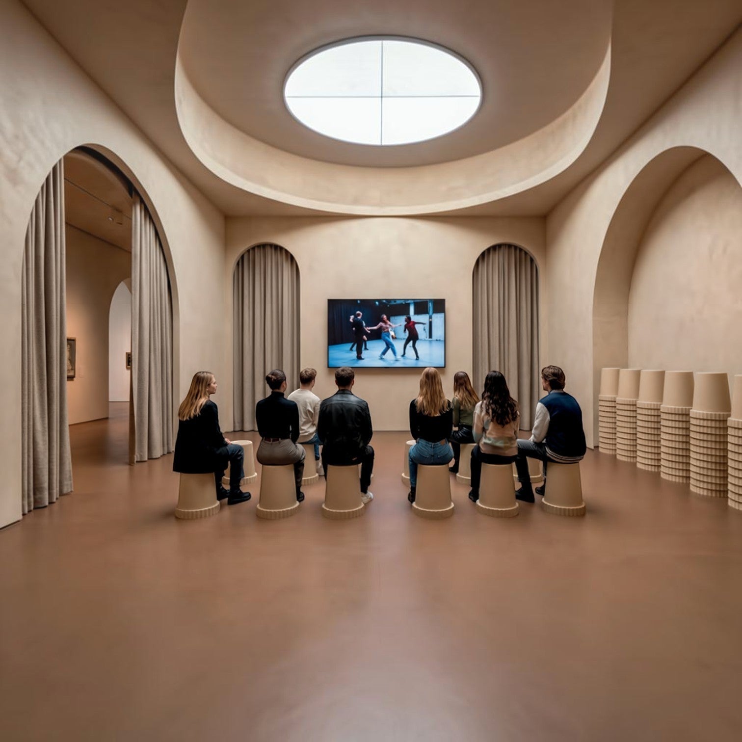 People sitting on beige Raffles System Stool seats by Addo Shop in a modern gallery space watching a video screen.