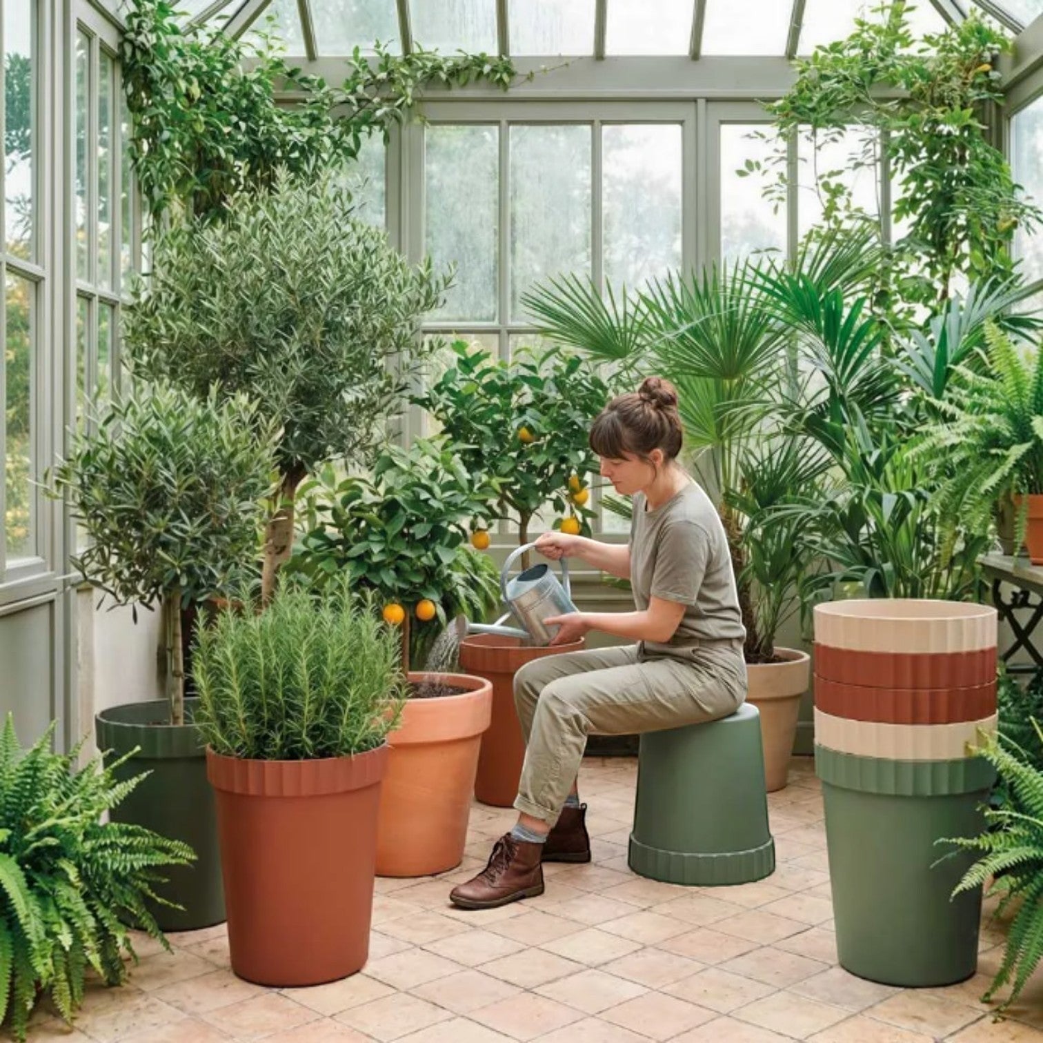Woman sitting on a sage green Addo Shop Raffles System Stool in a greenhouse filled with potted plants.