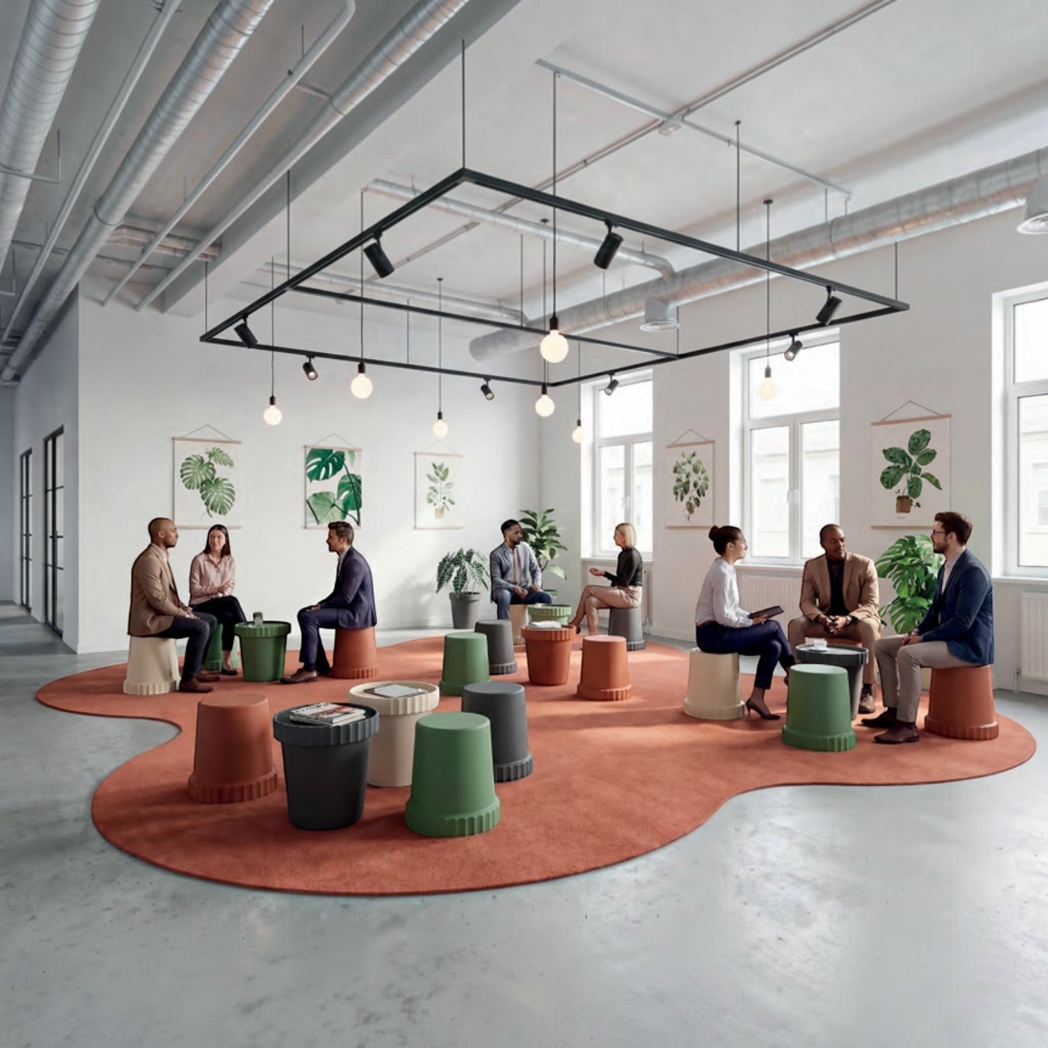 Addo Shop Raffles System Stools in various colors arranged in a modern office lounge with people collaborating.