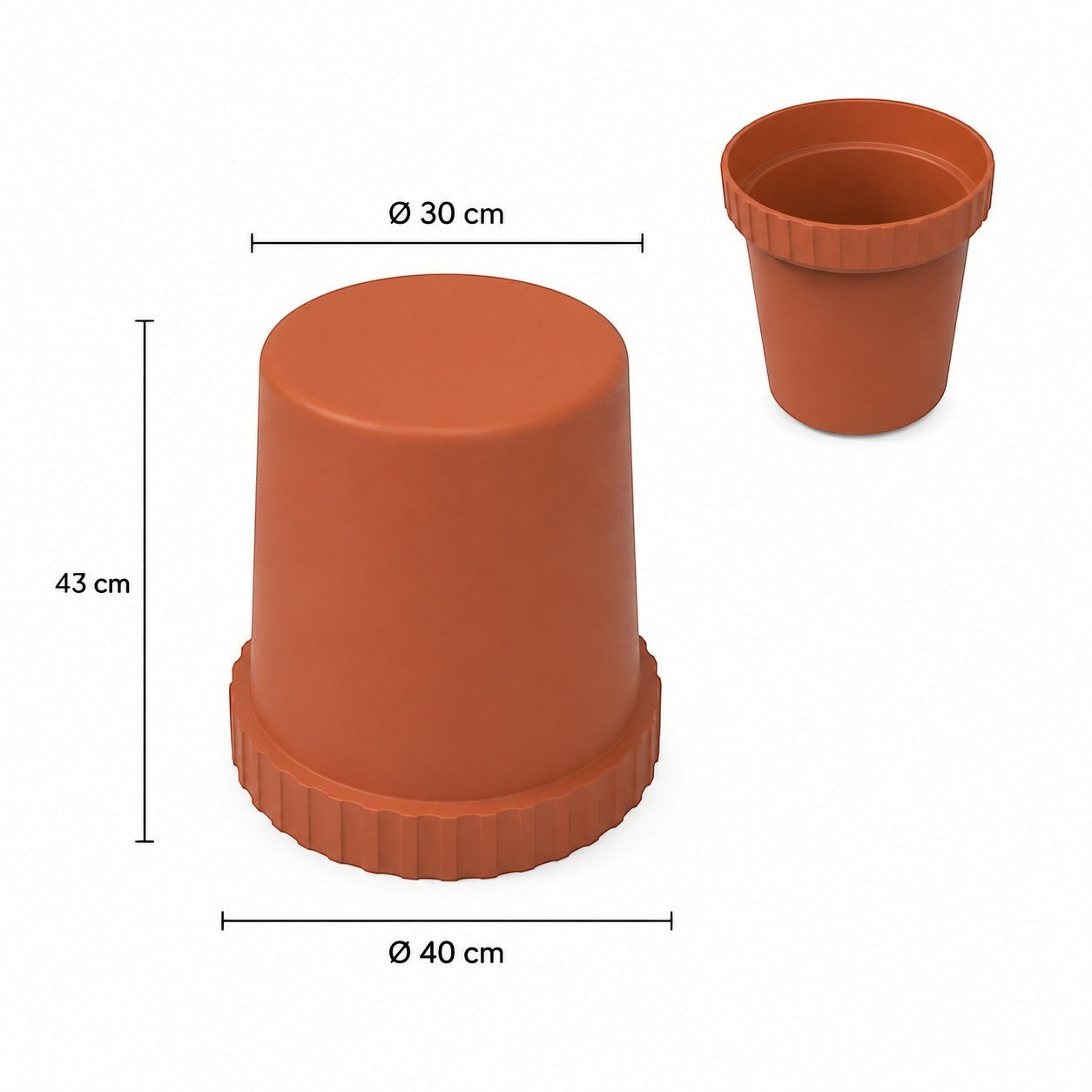 Addo Shop Raffles System Stool in terracotta orange with ribbed base detail and dimensions shown on white background.