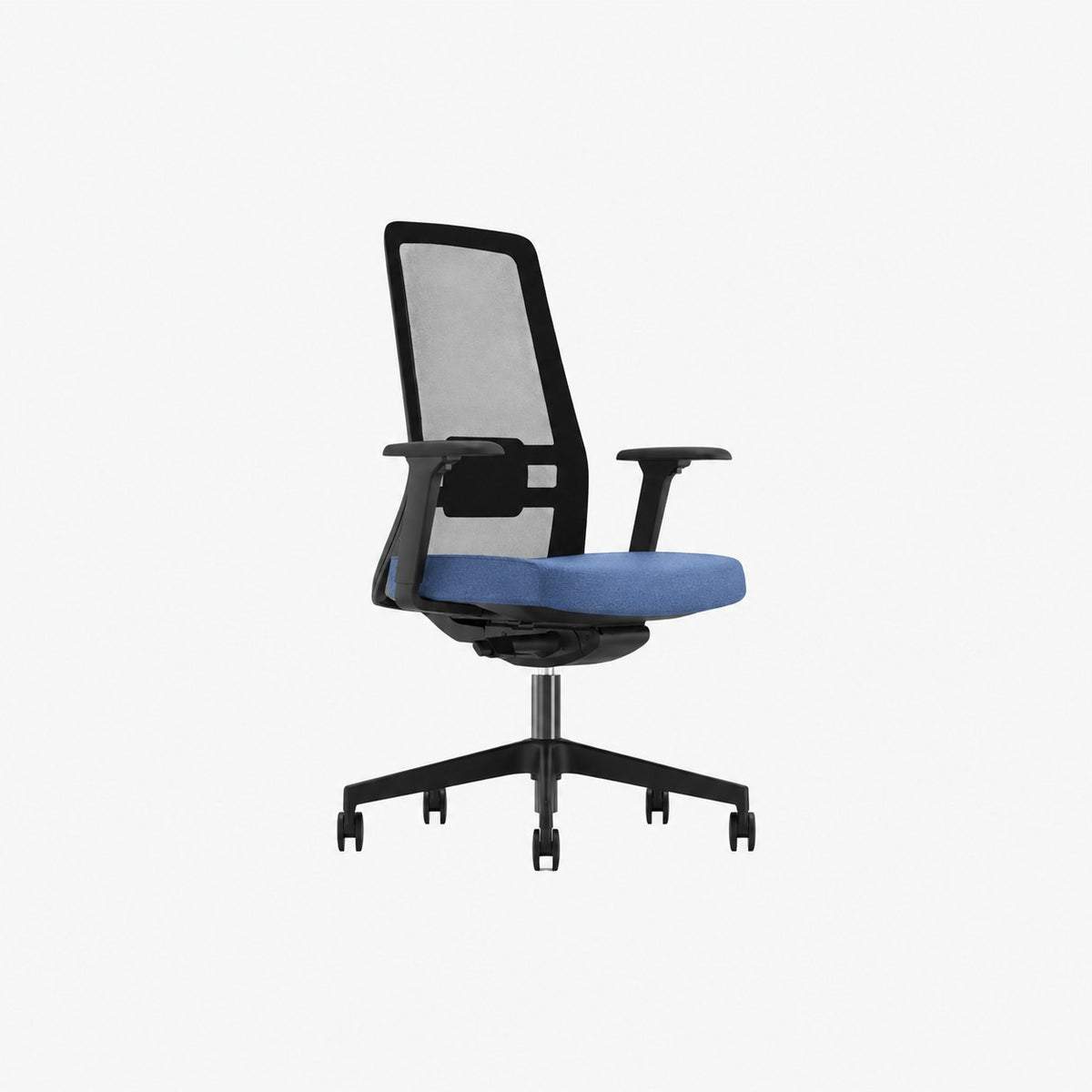 Addo Shop Raymond 260 ergonomic office chair with blue upholstered seat, black mesh back, and adjustable armrests.