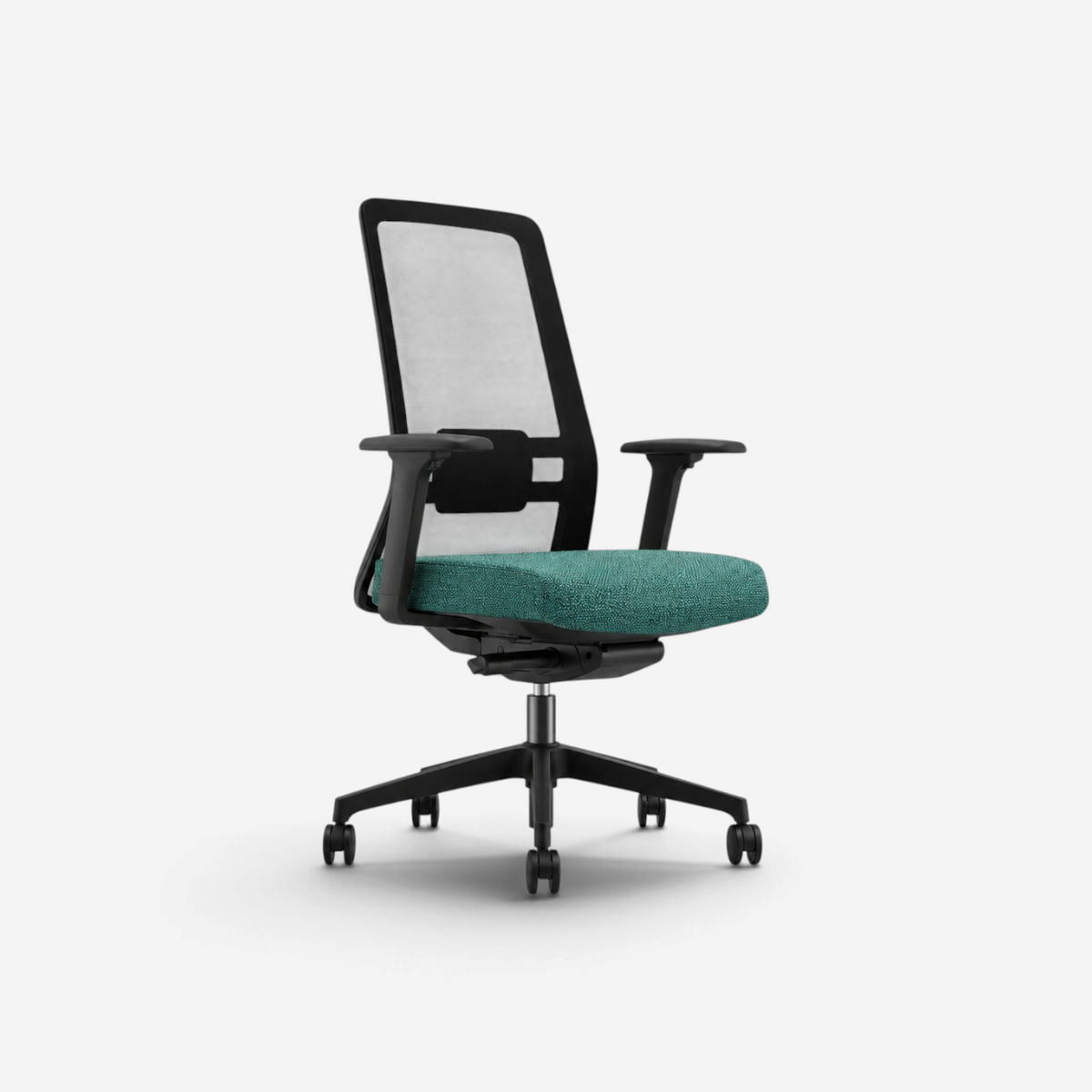 Addo Shop Raymond 260 office chair with a breathable black mesh back, green upholstered seat, and black swivel base.