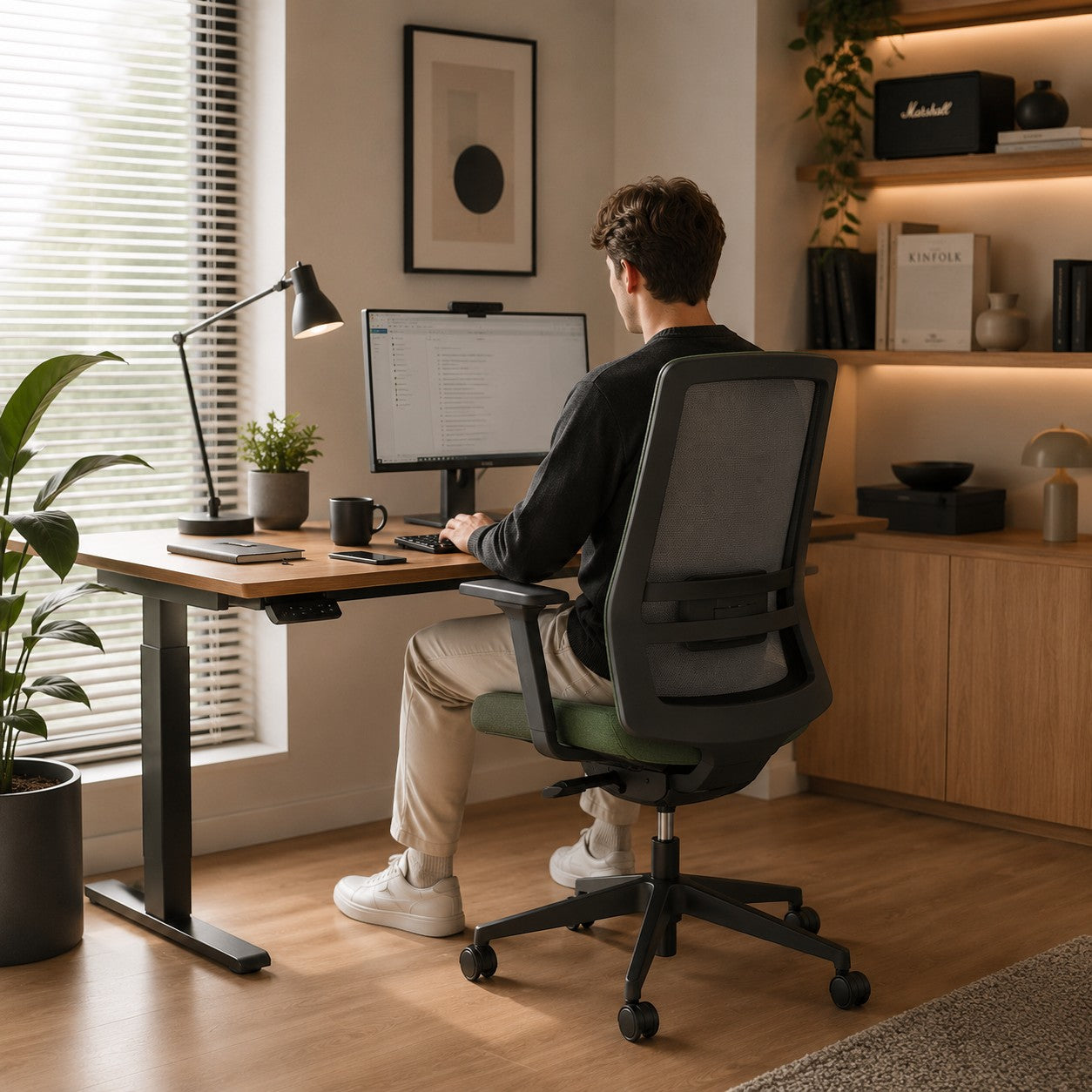 Addo Shop Raymond 260 office chair with mesh back and green seat in a modern home office with a person working.