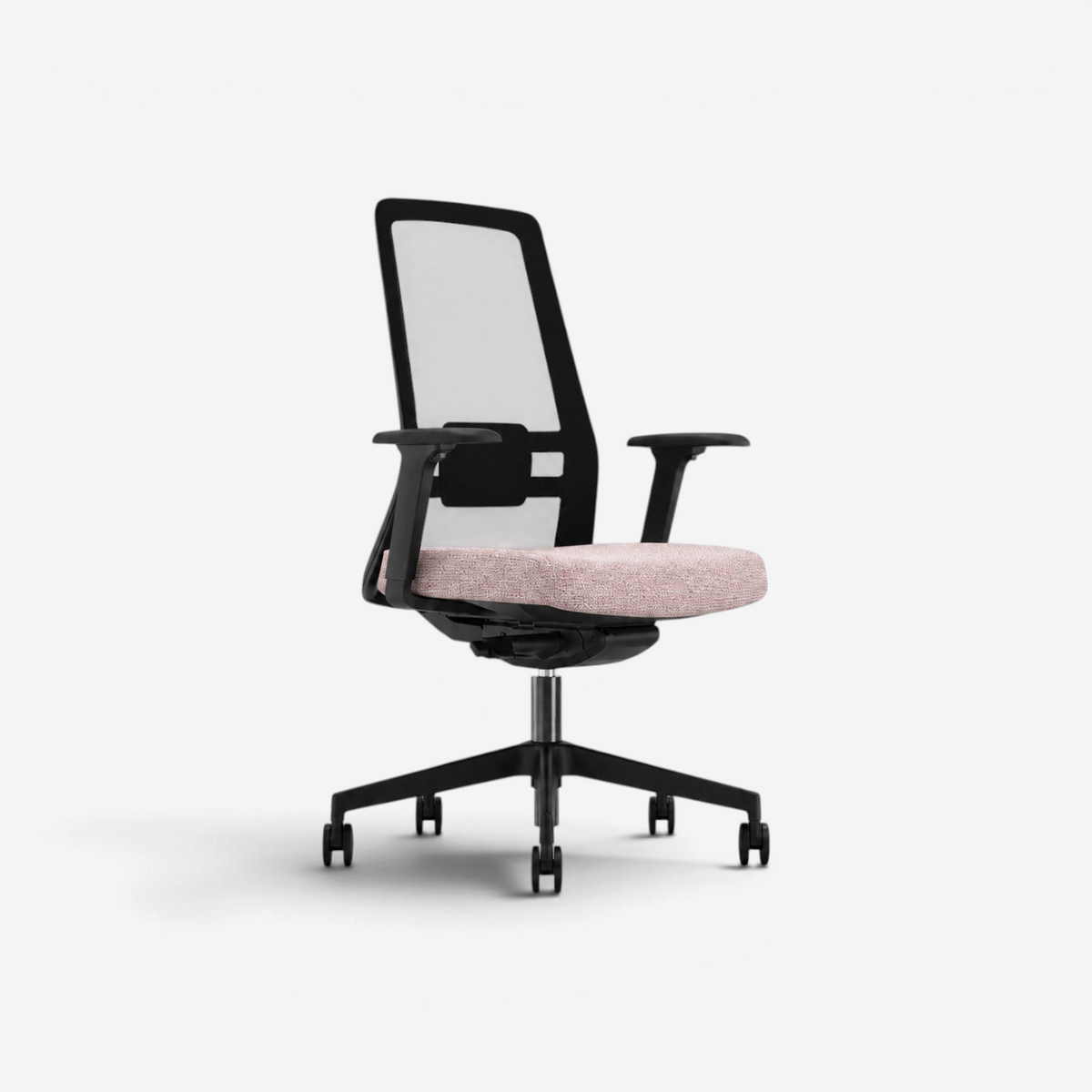 Addo Shop Raymond 260 office chair with black mesh back, pink upholstered seat, and adjustable arms on rolling base