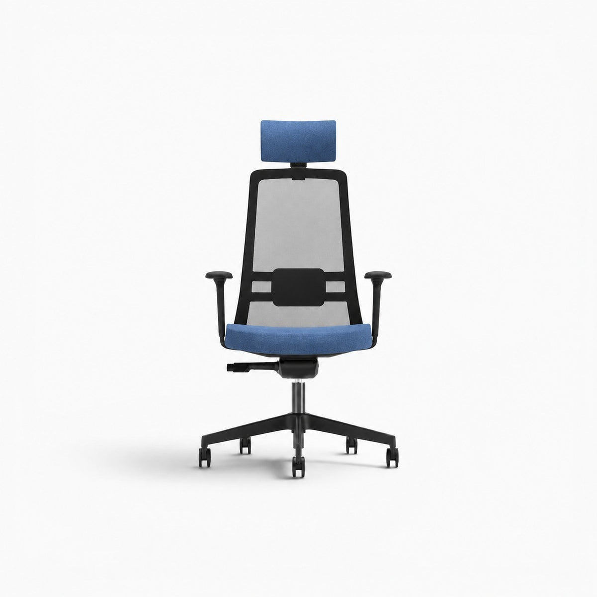 Addo Shop Raymond ergonomic office chair with blue fabric seat, headrest, and breathable black mesh backrest