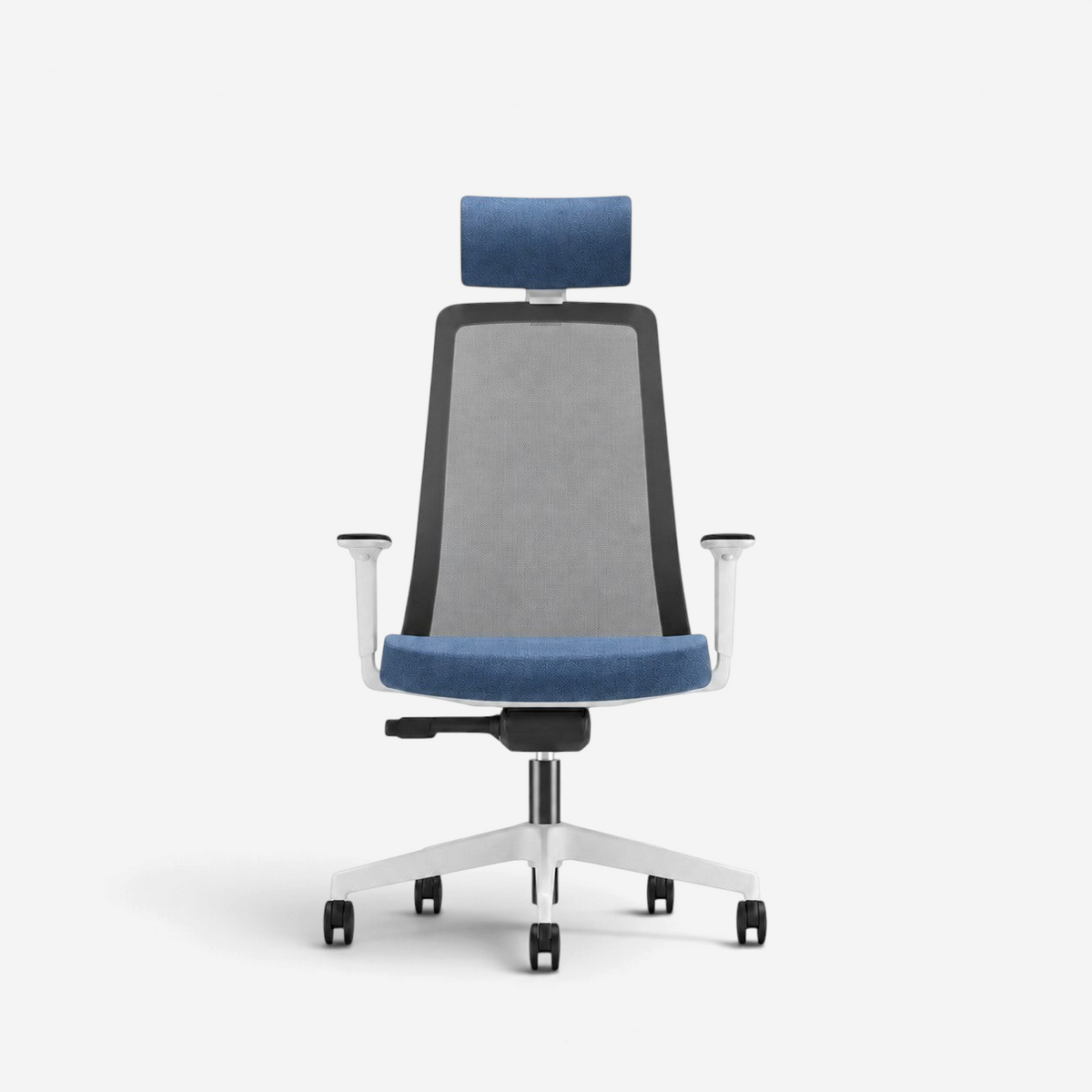 Addo Shop Raymond ergonomic office chair with blue fabric seat, adjustable headrest, and breathable grey mesh back