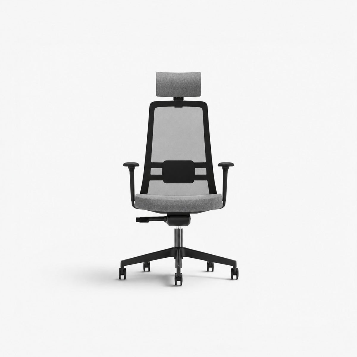 Addo Shop Raymond ergonomic office chair with grey fabric seat, adjustable headrest, and breathable black mesh back.
