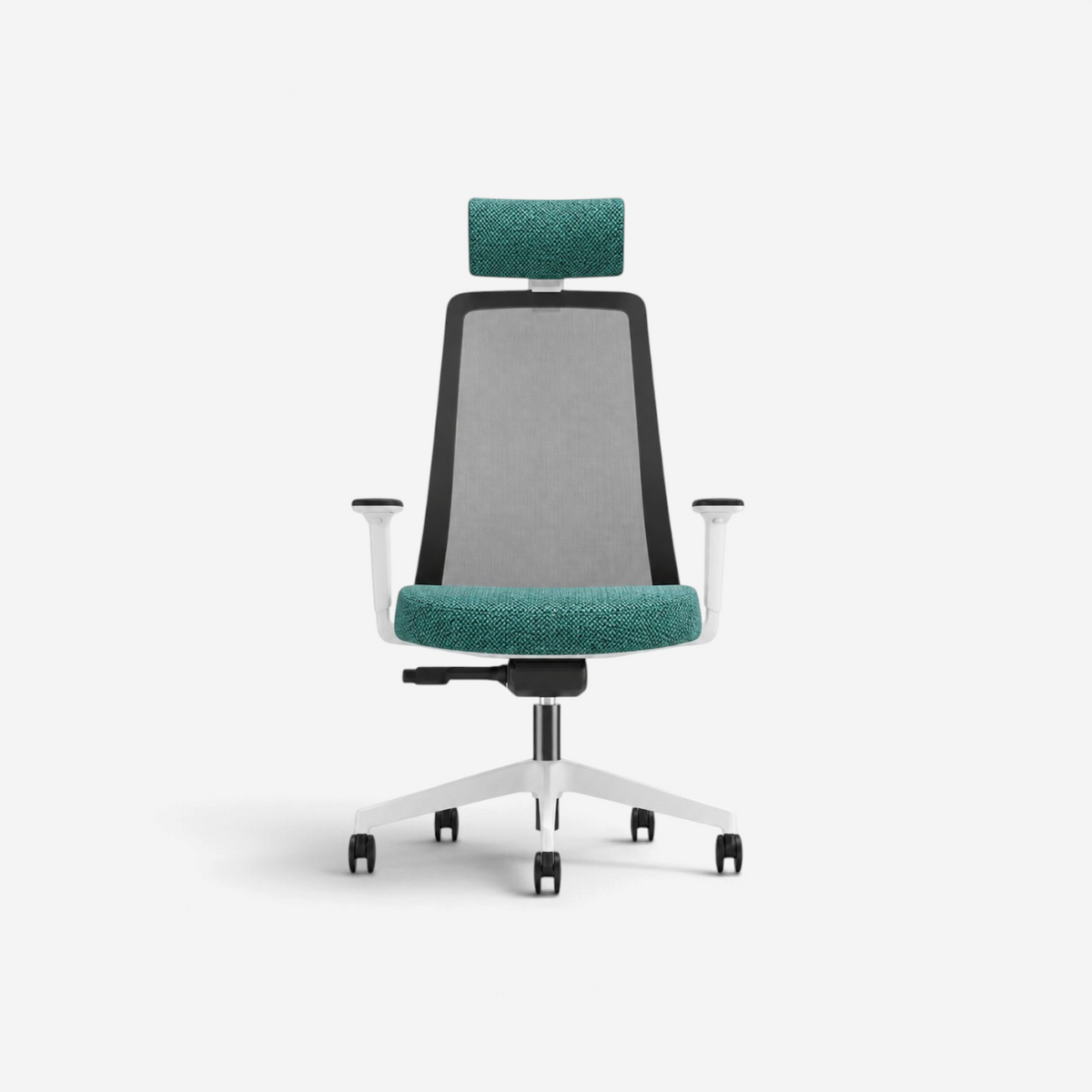Addo Shop Raymond ergonomic office chair with green upholstered seat, headrest, and breathable black mesh backrest.