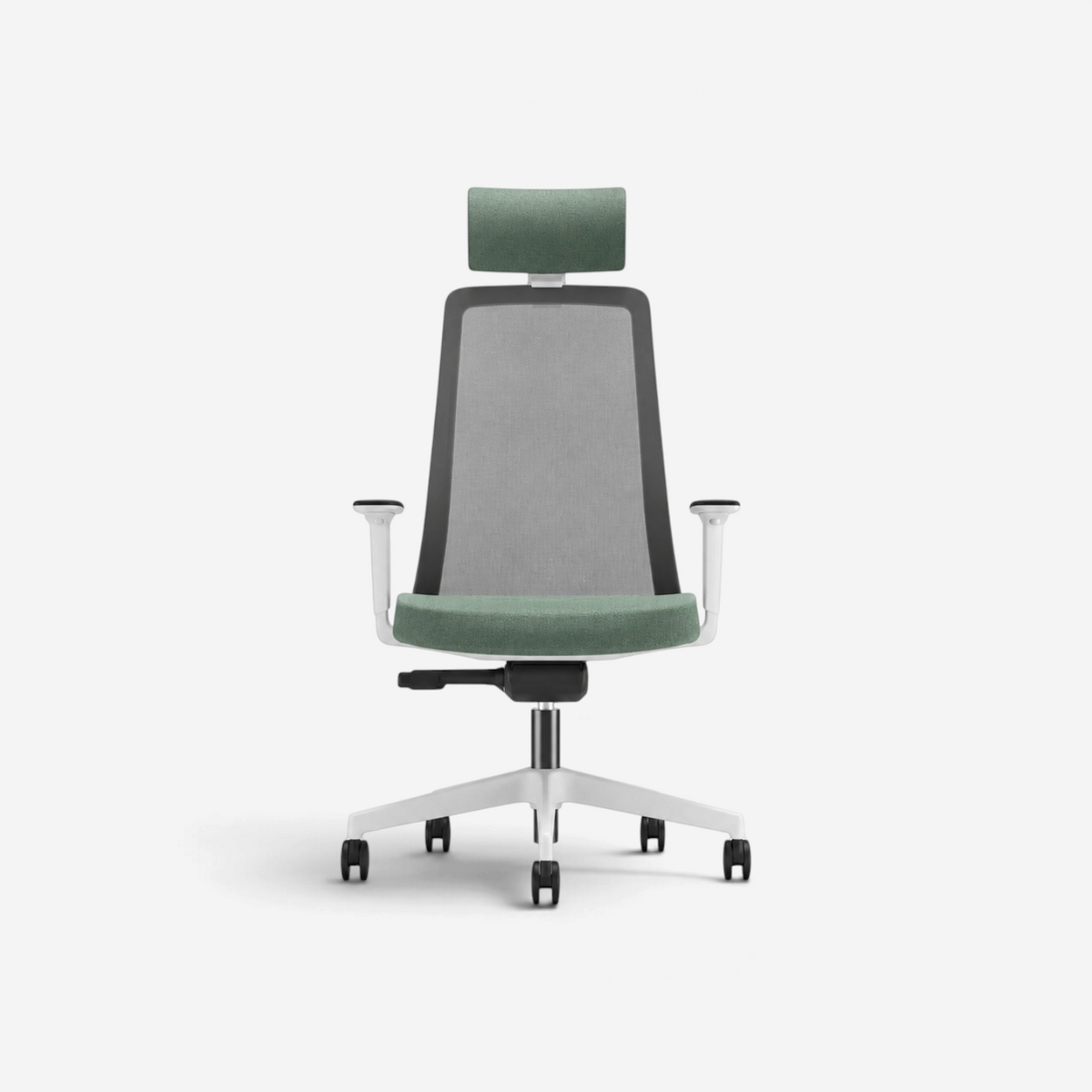Addo Shop Raymond ergonomic office chair with green upholstery, breathable mesh back, and adjustable white frame.