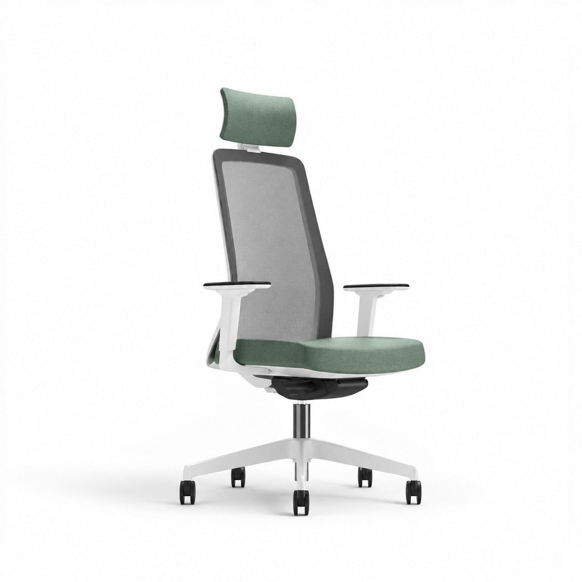 Addo Shop Raymond ergonomic office chair with white frame, green upholstered seat, and breathable mesh backrest.