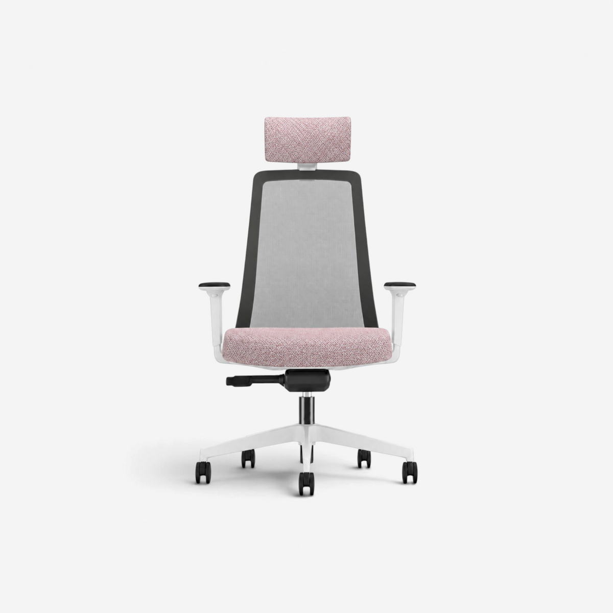 Addo Shop Raymond ergonomic office chair with pink upholstered seat, headrest, breathable mesh back, and white frame.