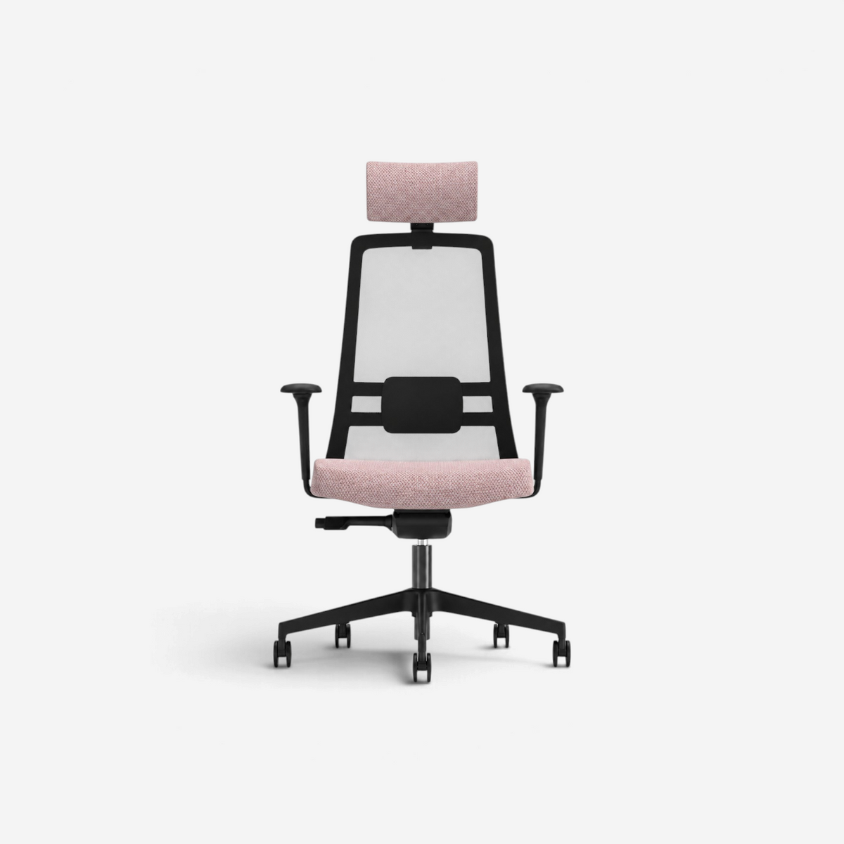 Addo Shop Raymond ergonomic office chair with pink fabric seat, adjustable headrest, and breathable black mesh back.