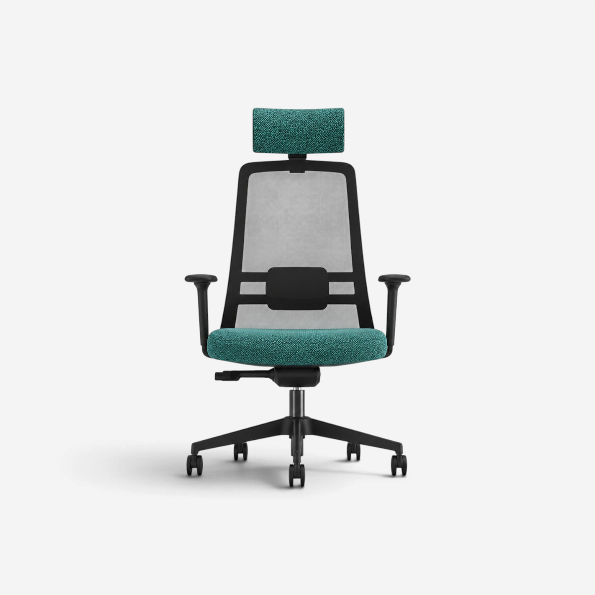 Addo Shop Raymond ergonomic office chair with teal fabric seat, adjustable headrest, and breathable black mesh back.